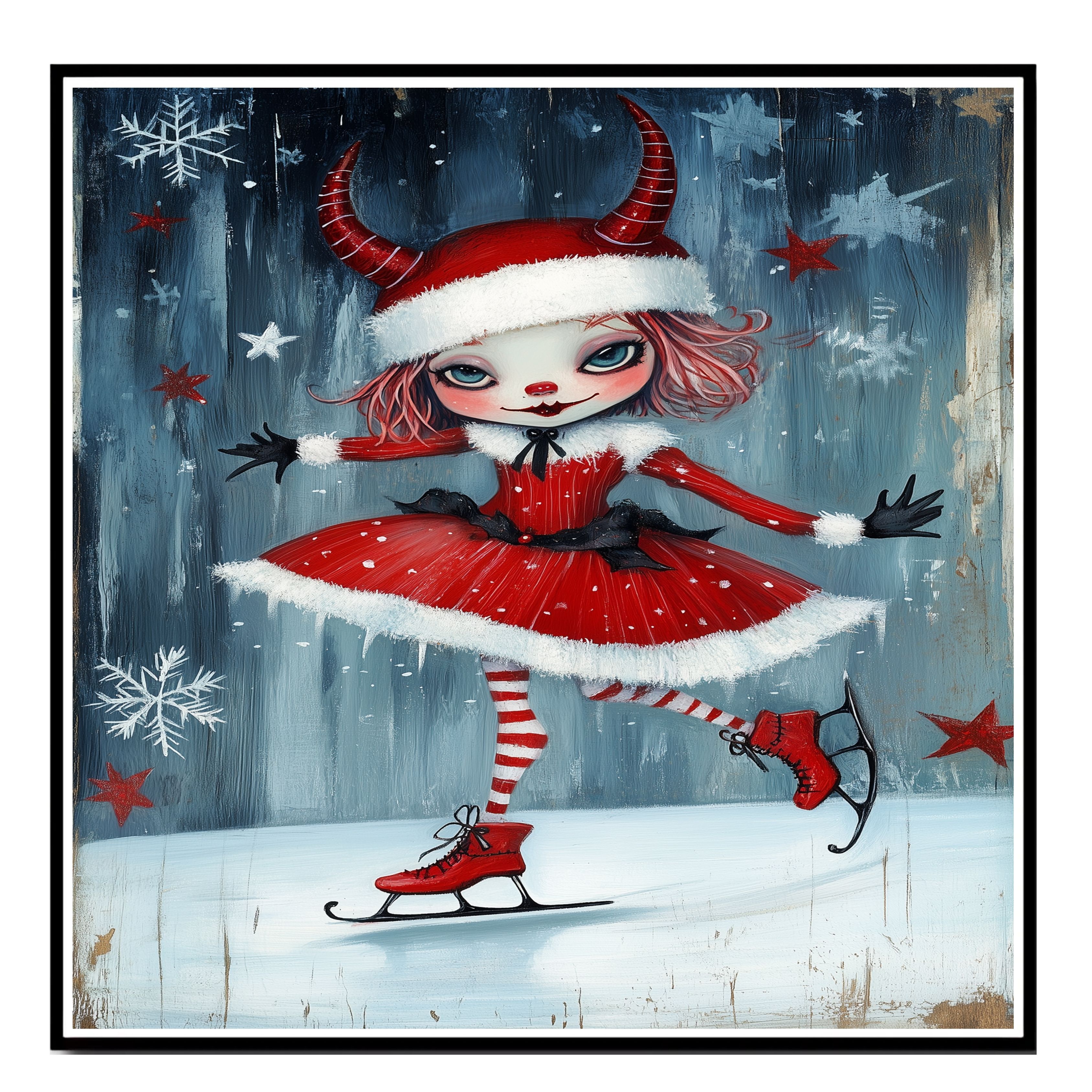 Christmas Devil Girl Ice Skating Wall Art Flat Rolled, Framed Or Wrapped Canvas