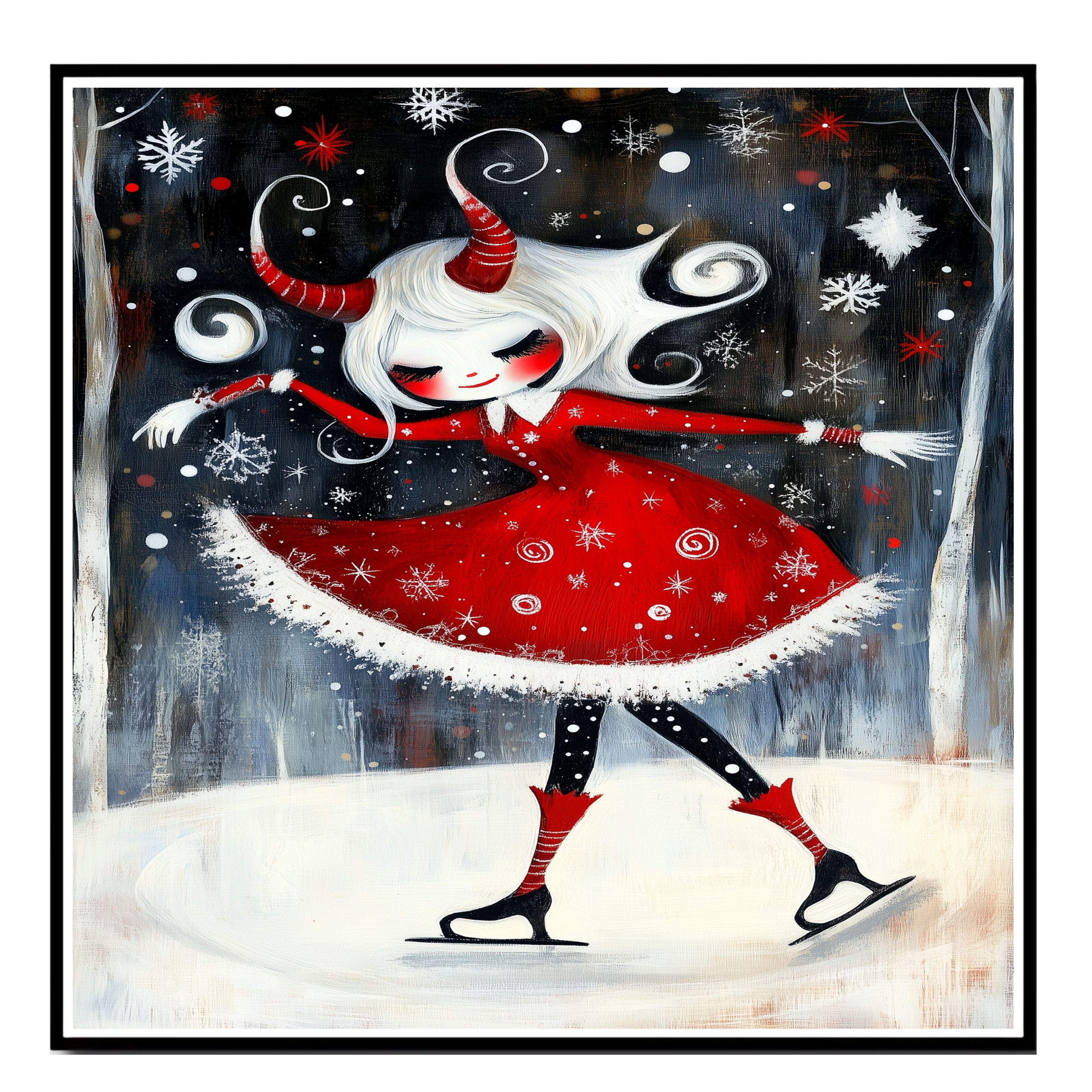 Christmas Devil Girl Ice Skating Art Flat Rolled, Framed Or Wrapped Canvas