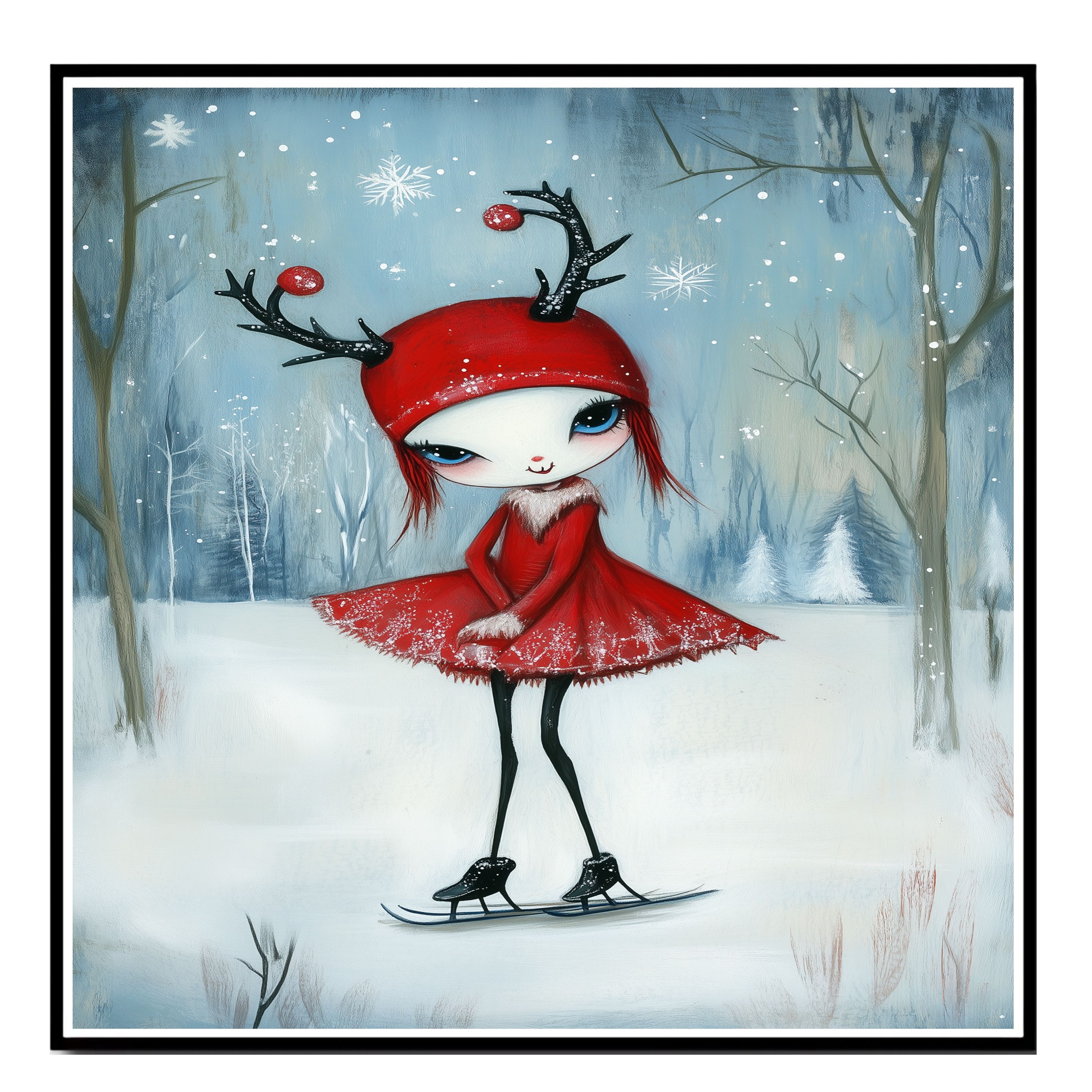 Christmas Girl Red Antler Hat Ice Skating Flat Rolled, Framed Or Wrapped Canvas