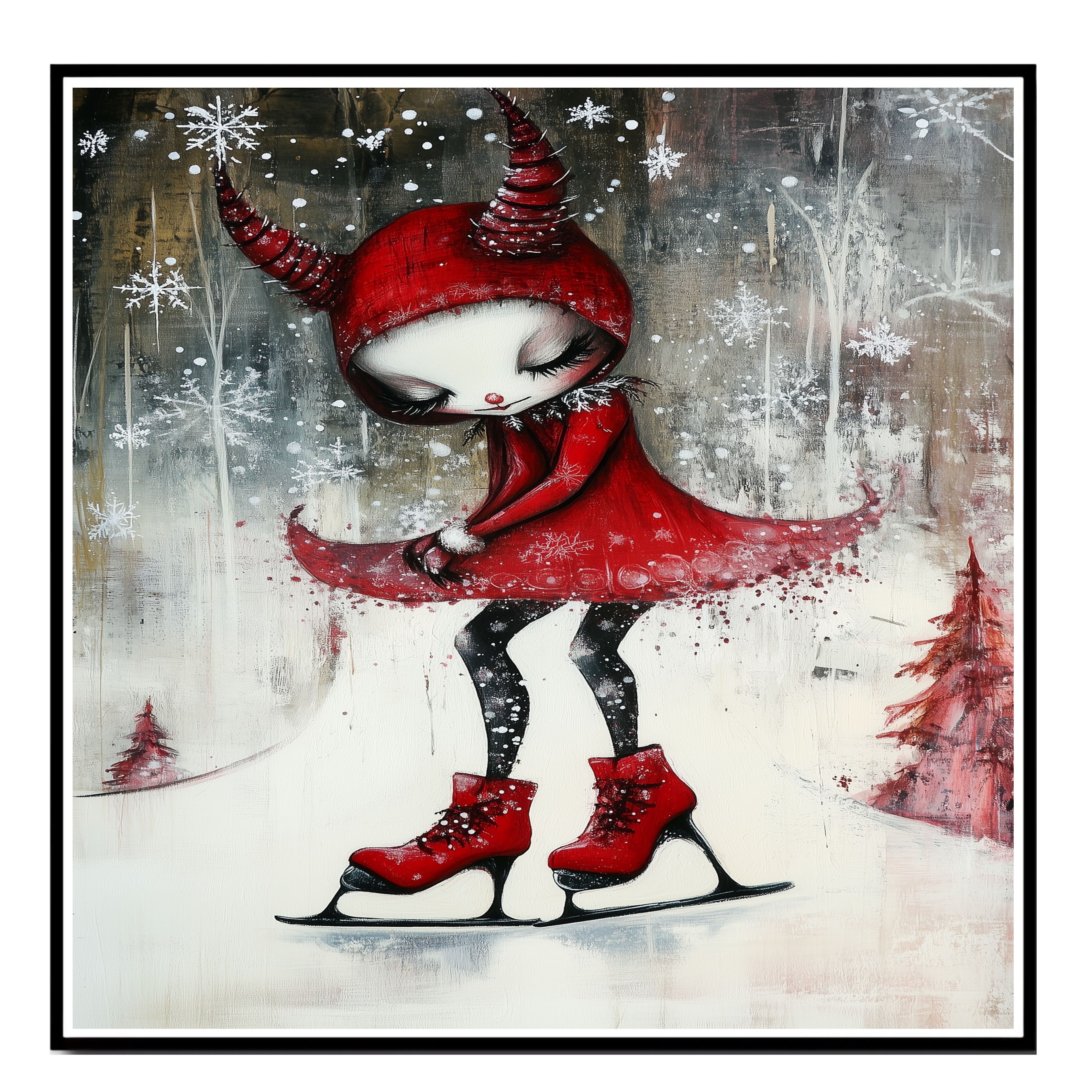 Christmas Devil Girl Red Ice Skating Art Flat Rolled, Framed Or Wrapped Canvas