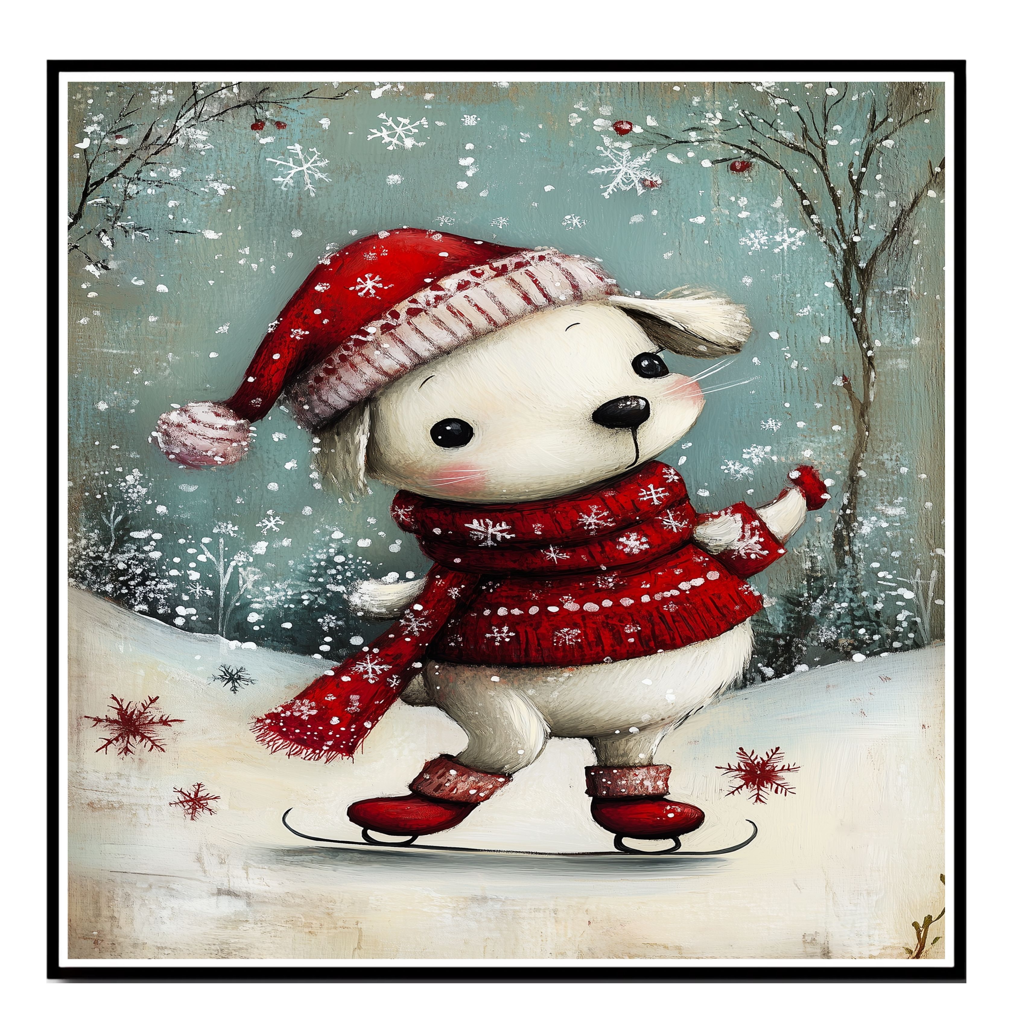 Christmas Dog Red Hat Scarf Ice Skating Flat Rolled, Framed Or Wrapped Canvas