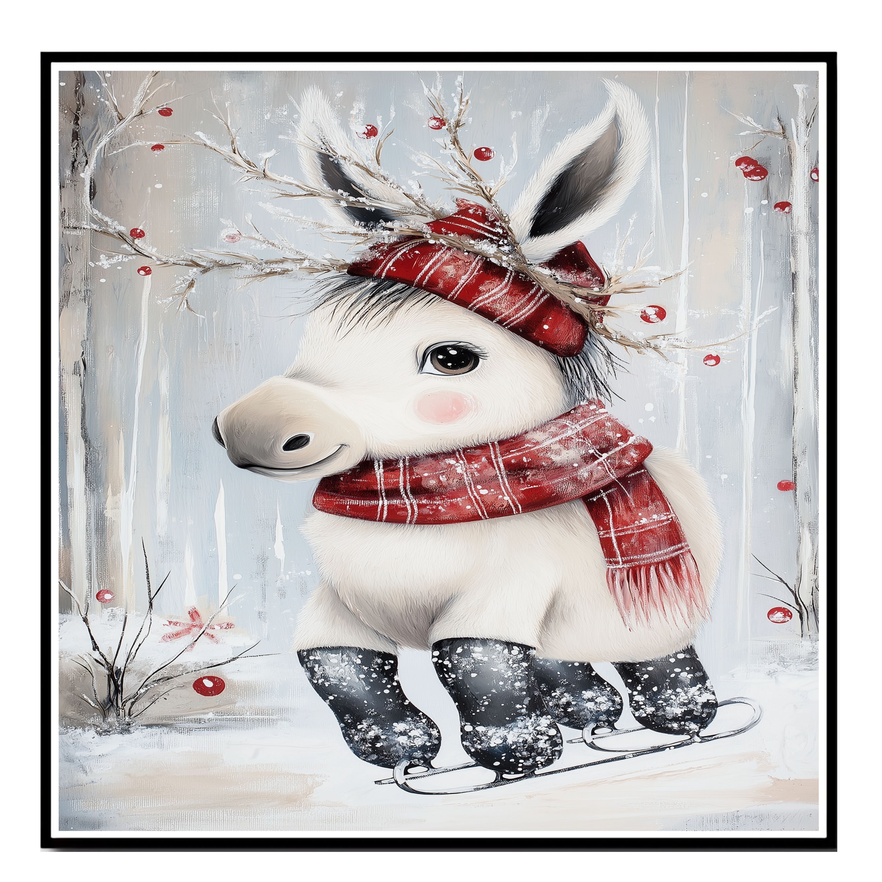 Christmas Donkey Ice Skating With Scarf Flat Rolled, Framed Or Wrapped Canvas