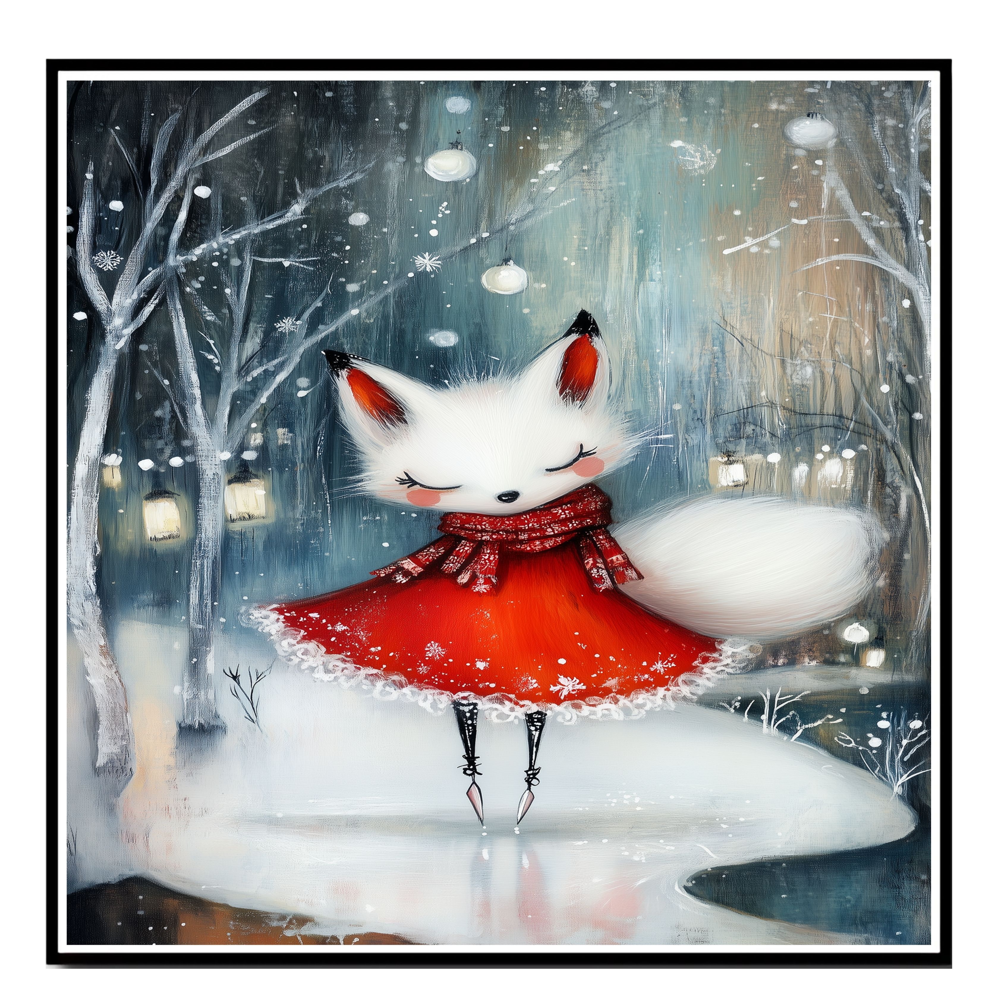 Fox Christmas Ice Skating In Red Dress Flat Rolled, Framed Or Wrapped Canvas