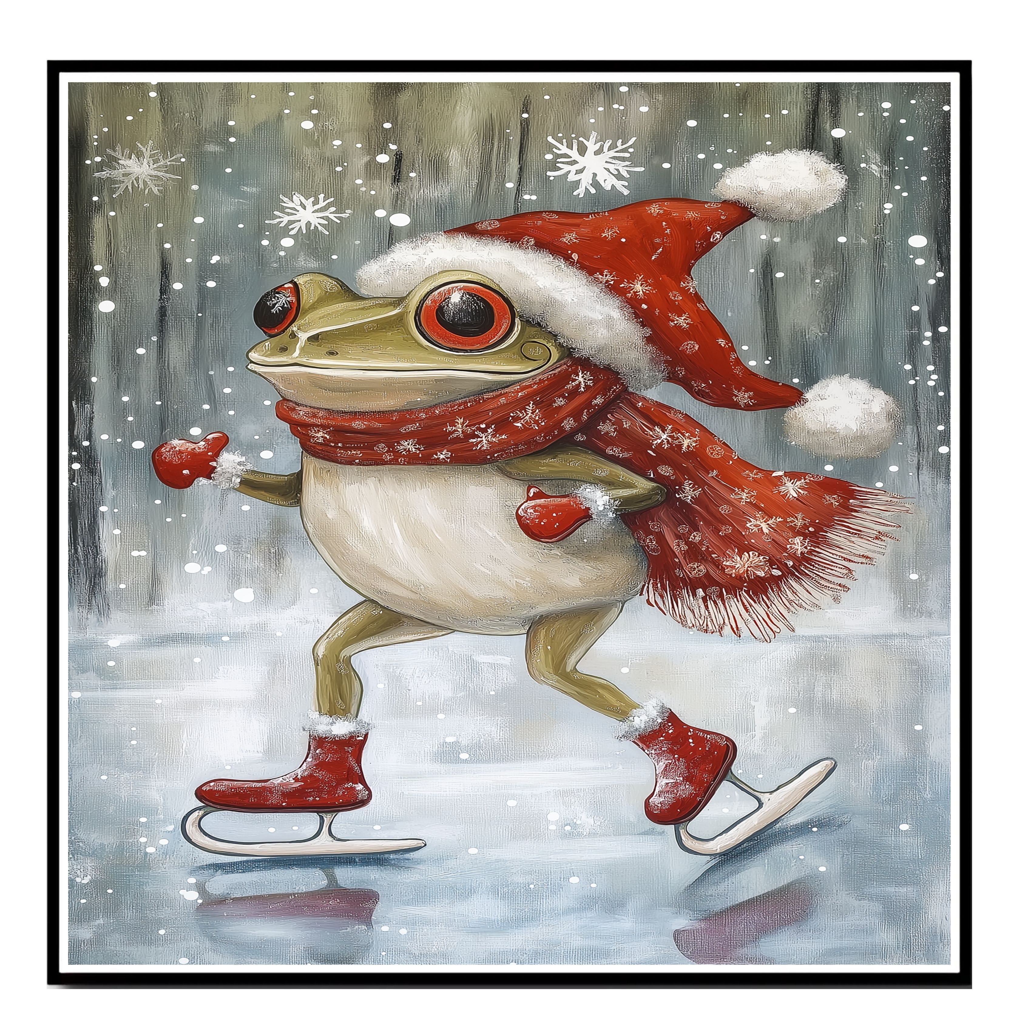 Christmas Ice Skating Frog Holiday Decor Flat Rolled, Framed Or Wrapped Canvas