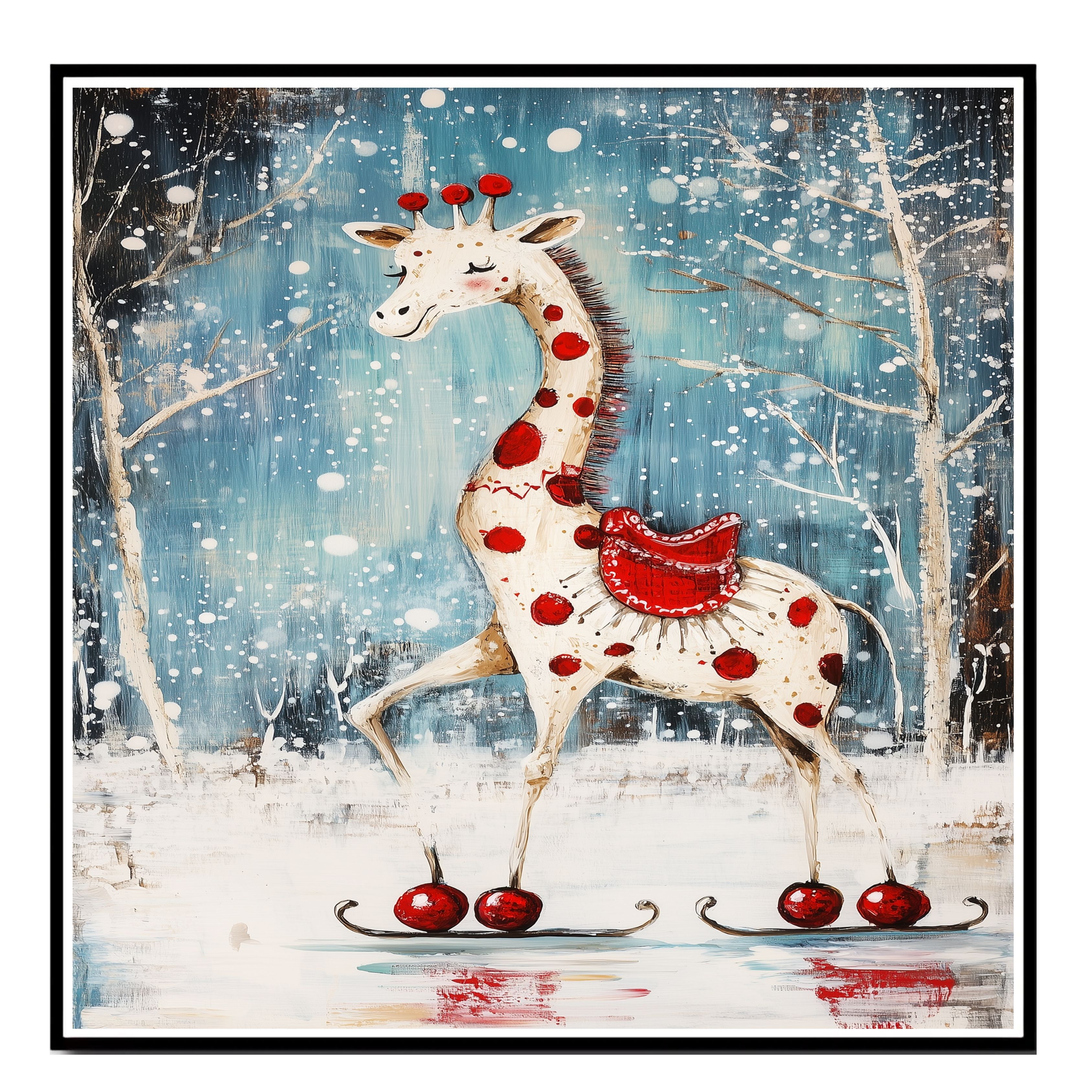 Christmas Giraffe Ice Skating Holiday Art Flat Rolled, Framed Or Wrapped Canvas