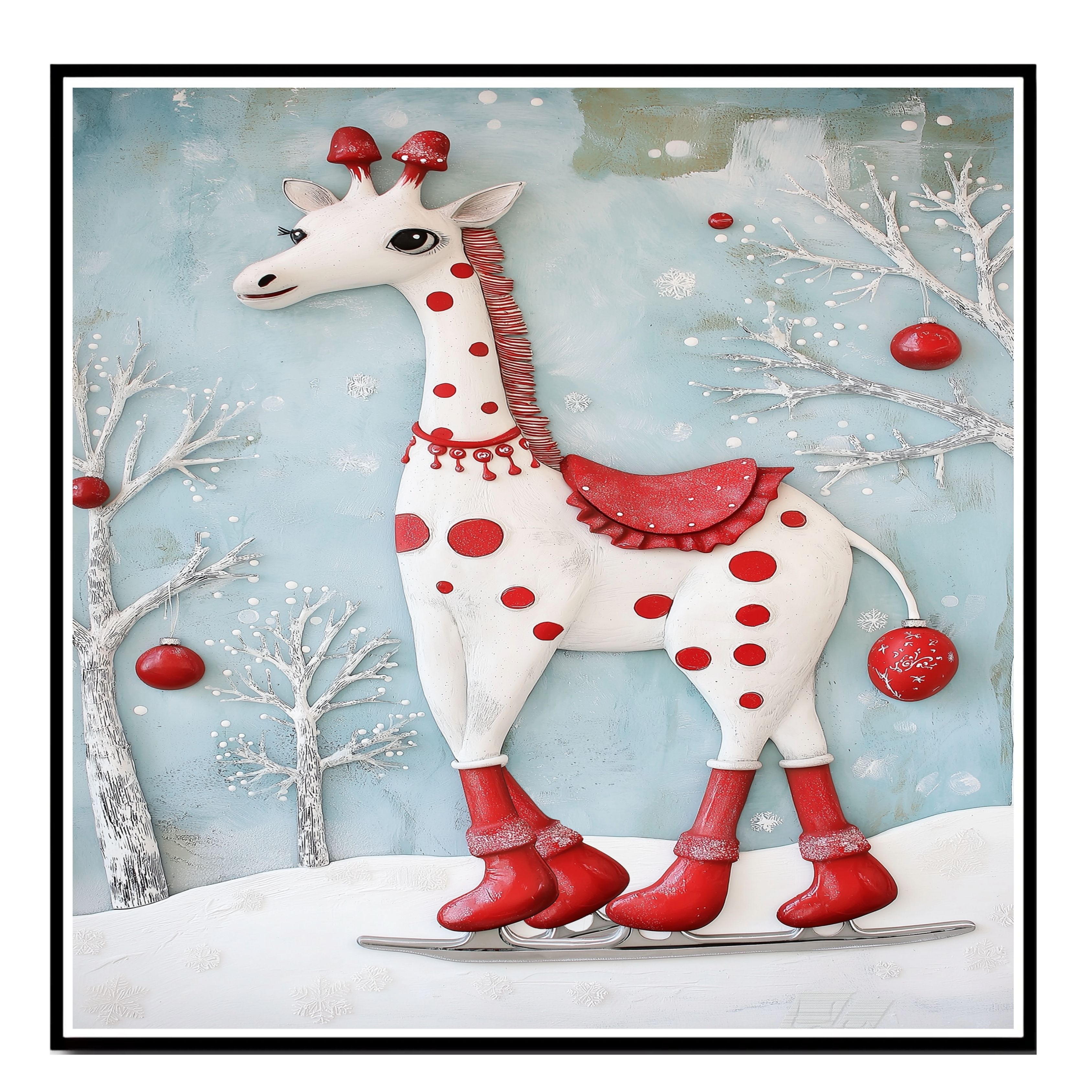 Christmas Giraffe Ice Skating Wall Decor Flat Rolled, Framed Or Wrapped Canvas