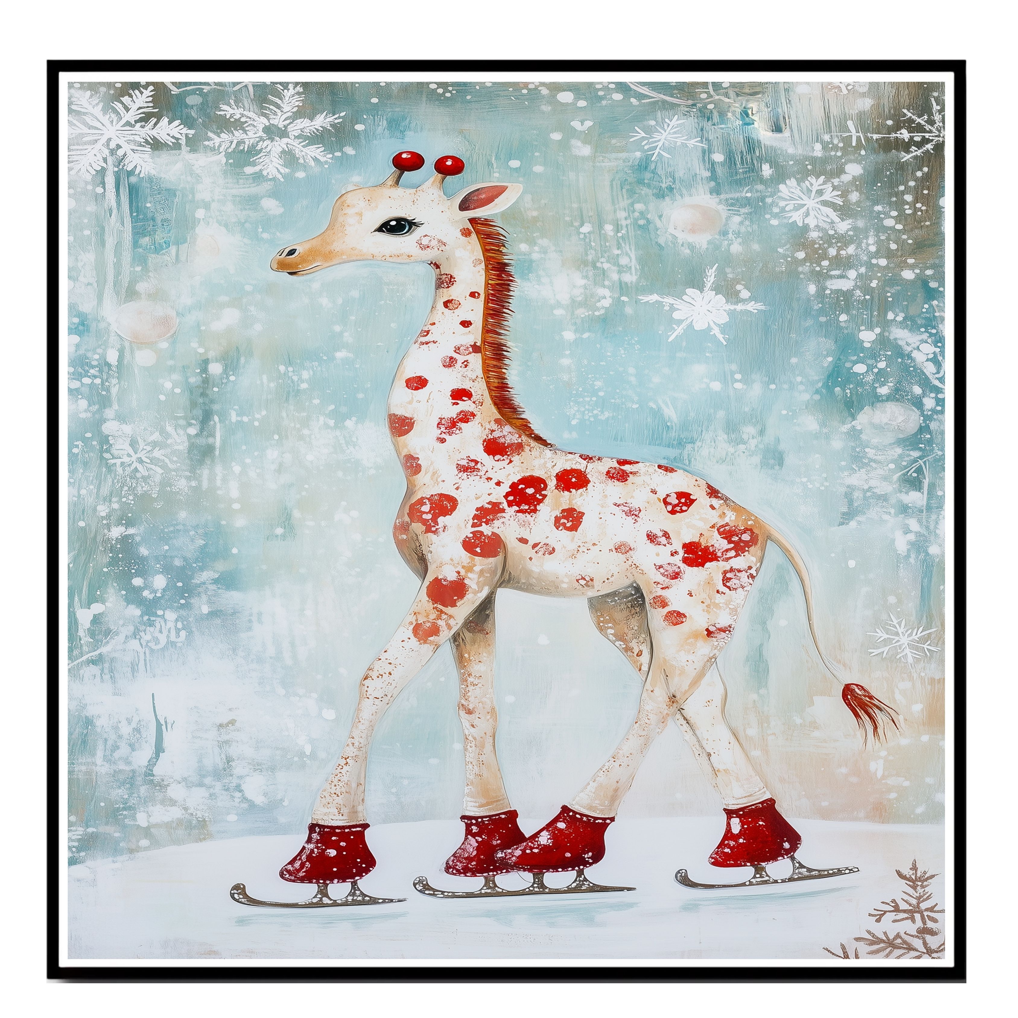 Christmas Giraffe Ice Skating Winter Art Flat Rolled, Framed Or Wrapped Canvas