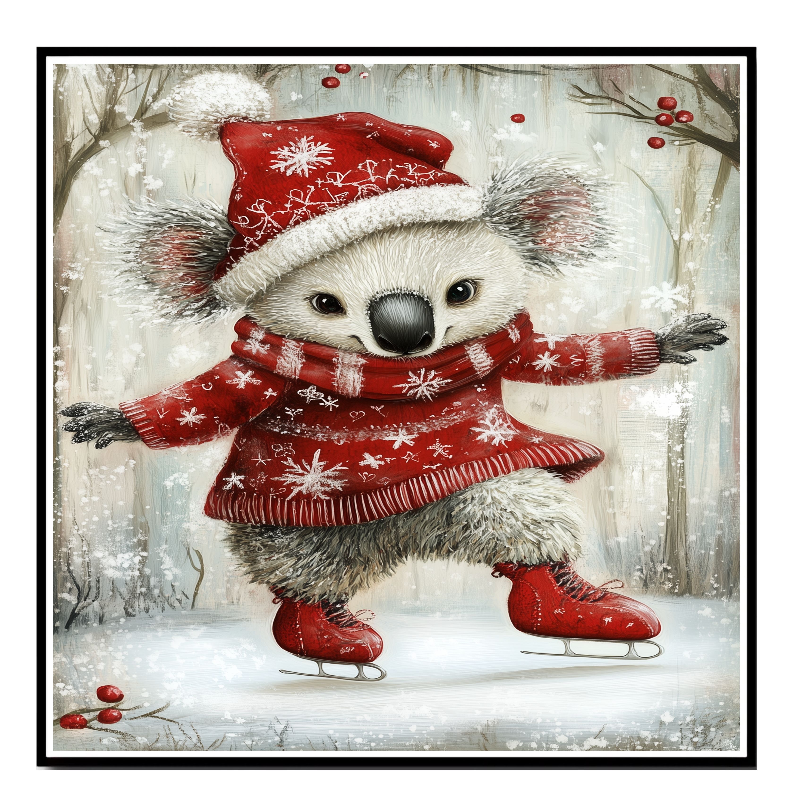 Christmas Koala Bear Ice Skating Decor Flat Rolled, Framed Or Wrapped Canvas