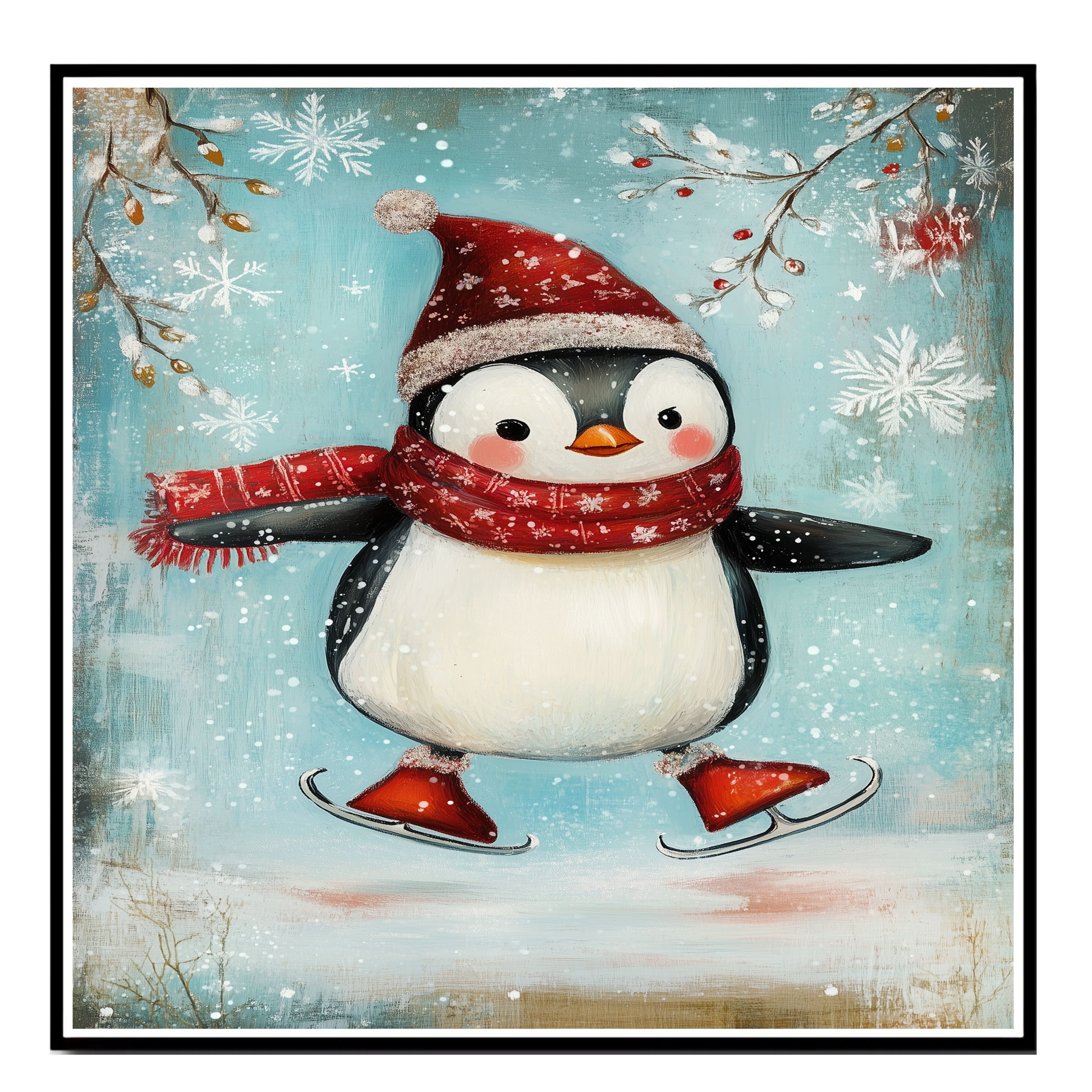 Christmas Penguin Skating Winter Art Flat Rolled, Framed Or Wrapped Canvas