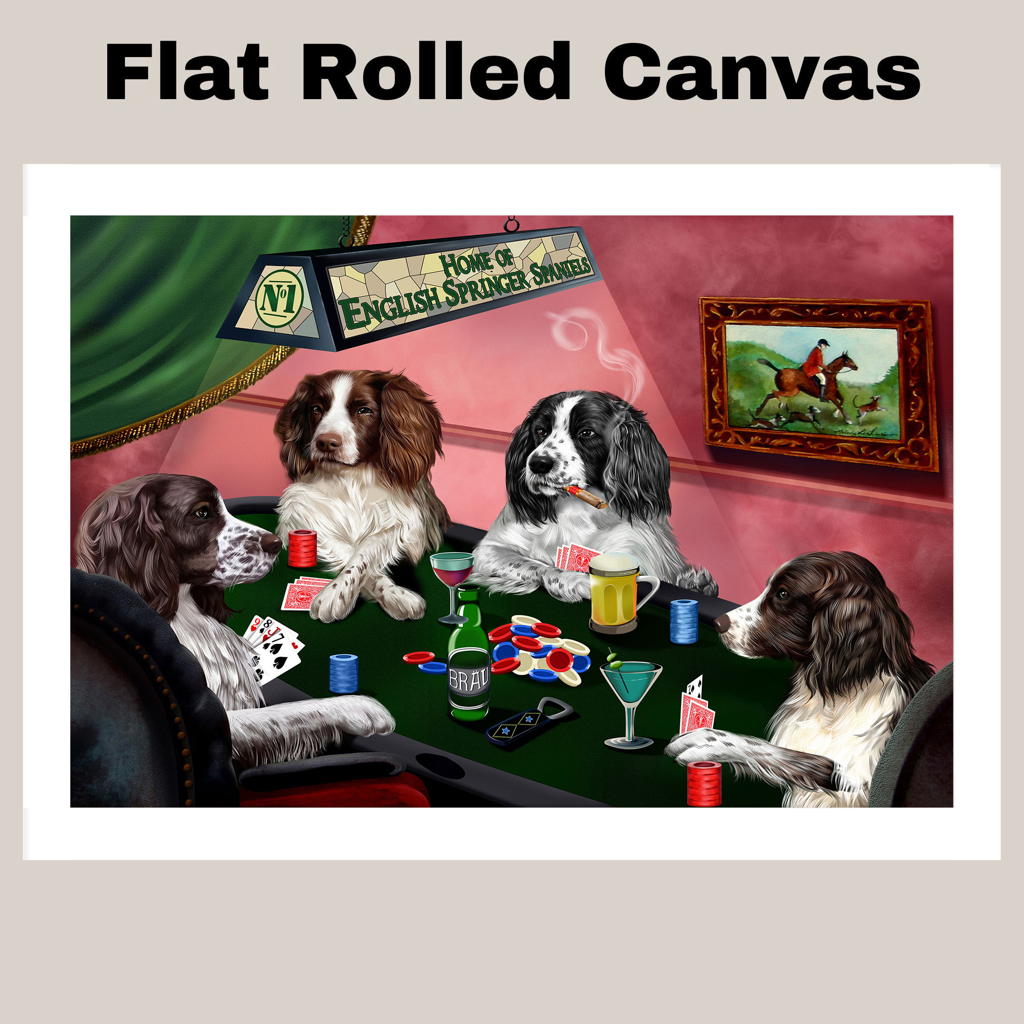 Home of English Springer Spaniel Dogs Playing Poker Canvas Porch Patio Decor
