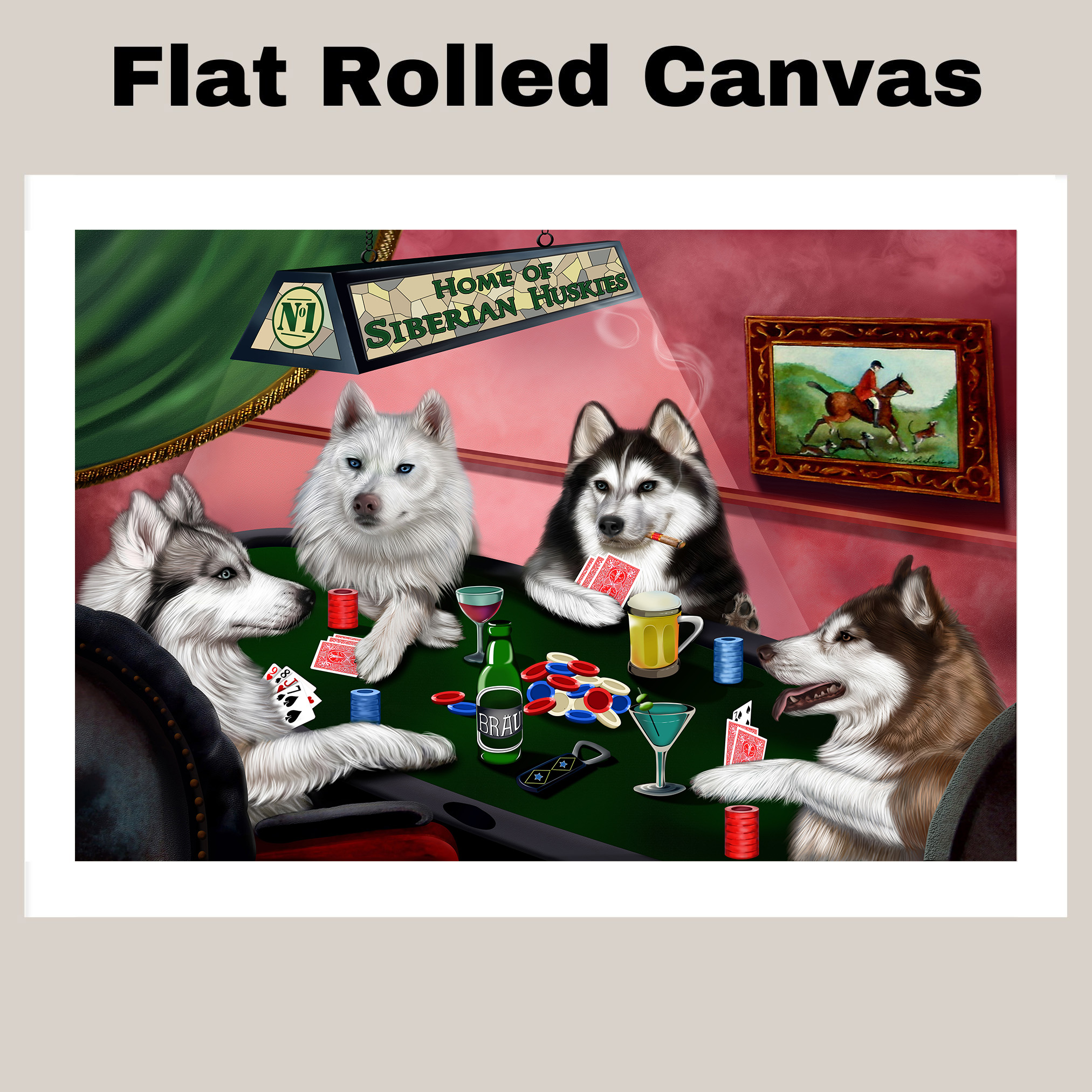 Home of Siberian Husky Dogs Playing Poker Canvas Wall Art for Game Room Decor