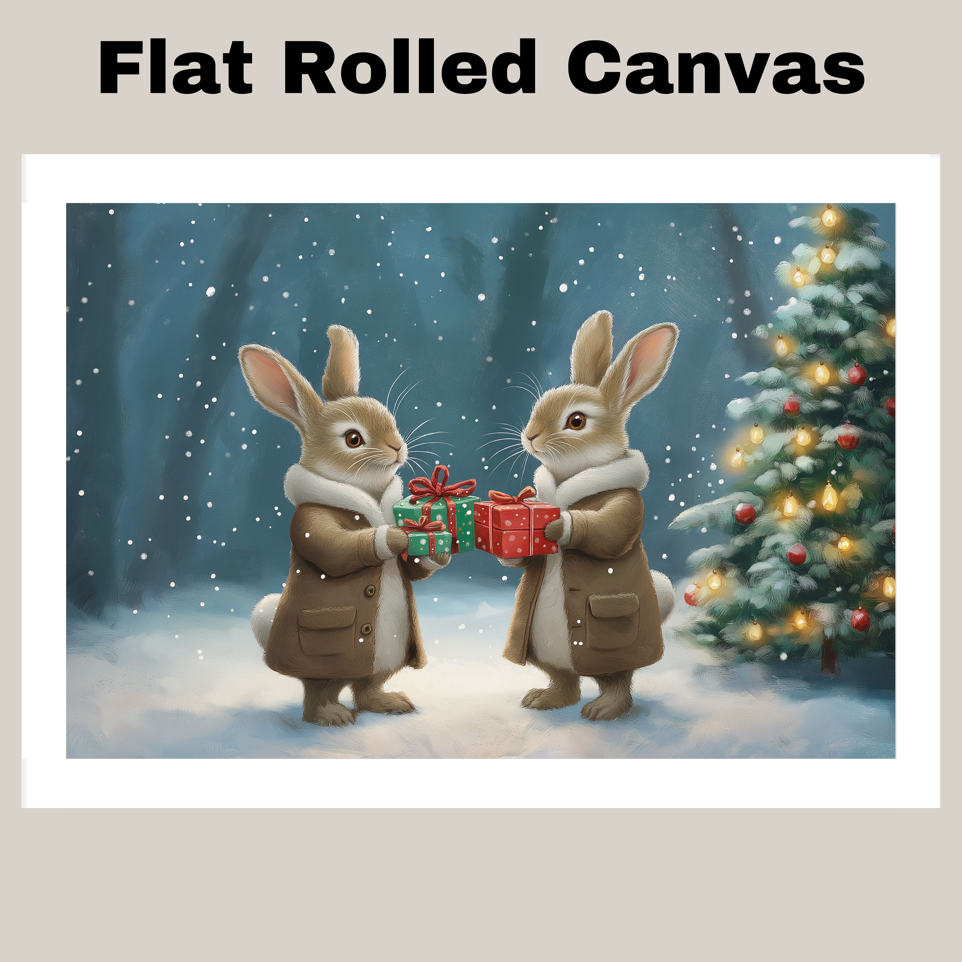 Cozy Bunnies Gift Giving in Winter Forest Flat Rolled, Framed or Wrapped Canvas