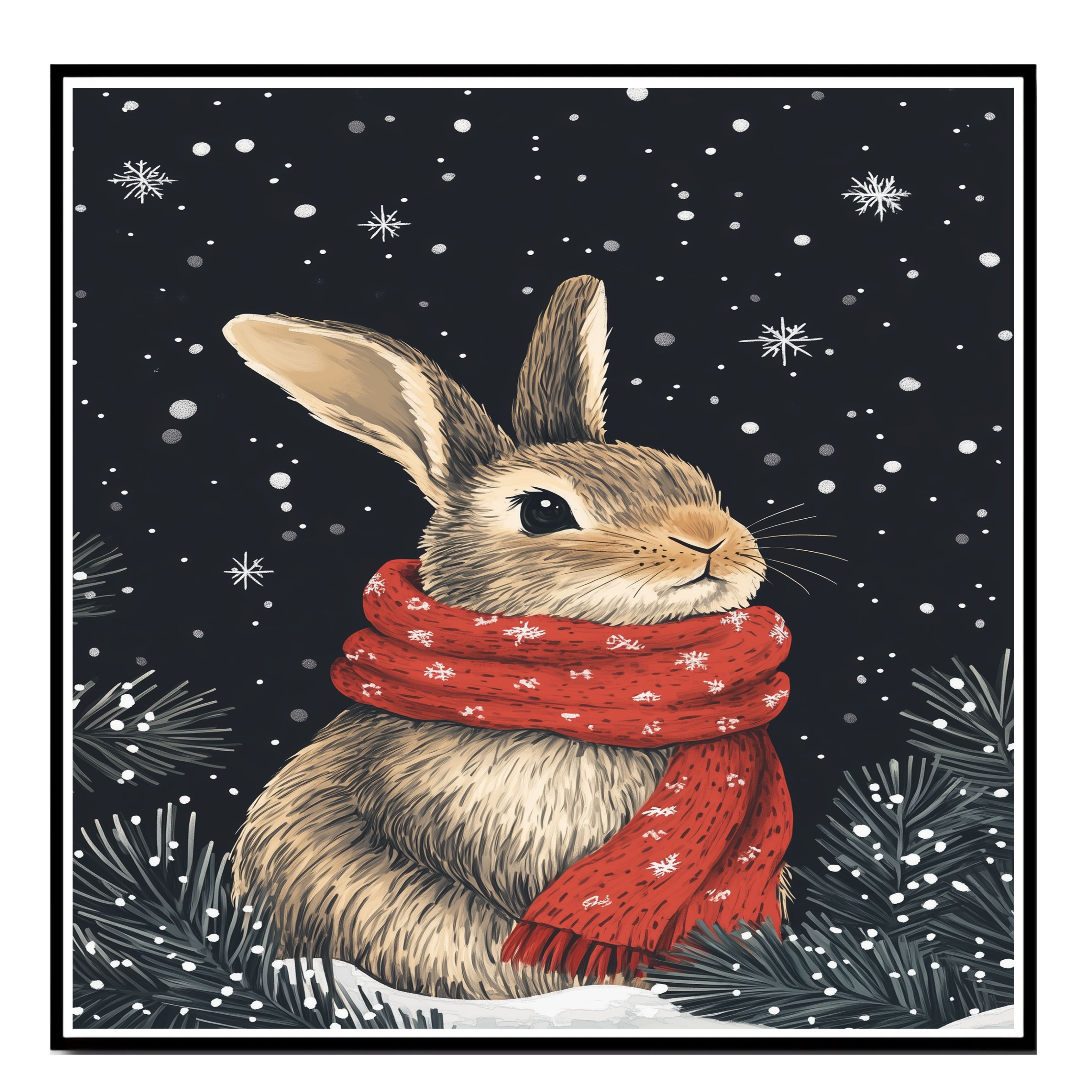 Bunny in Red Scarf Sitting in Snow Flat Rolled, Framed or Wrapped Canvas