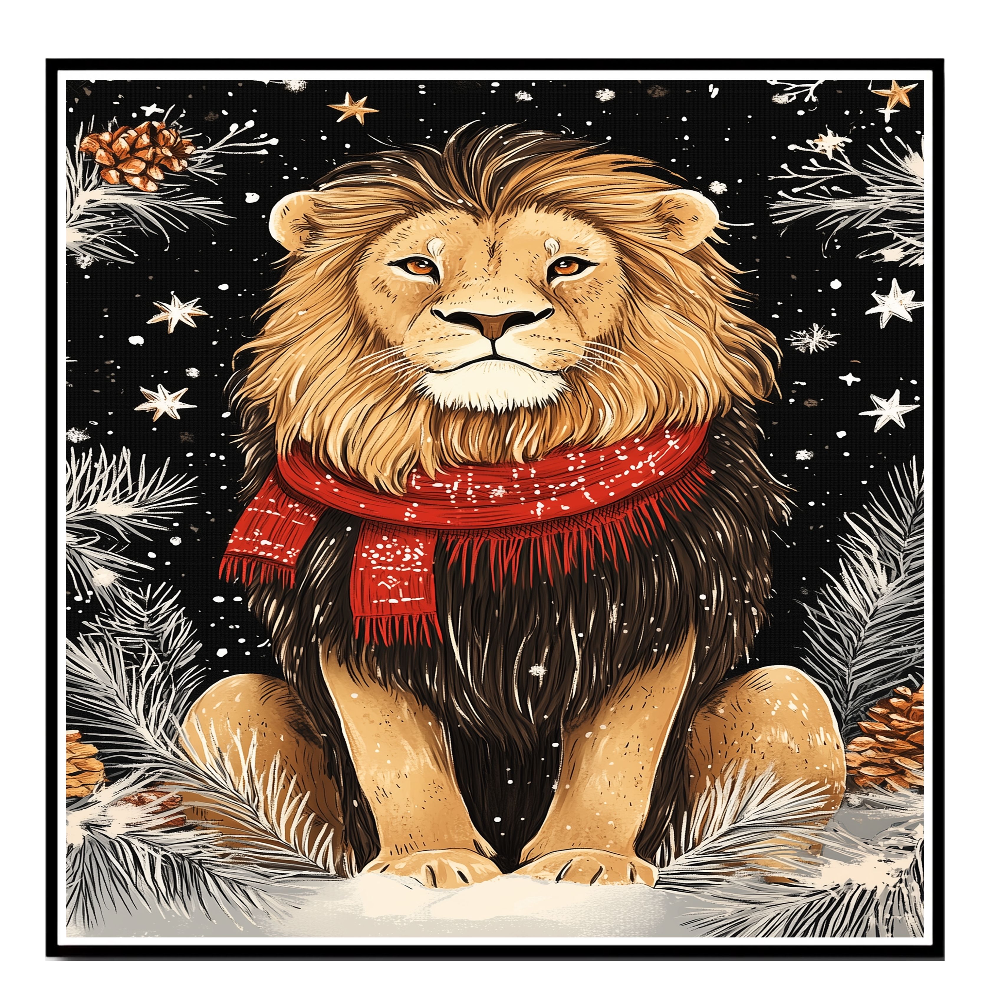 Lion in Red Scarf Amidst Snowy Scenery Flat Rolled, Framed or Wrapped Canvas