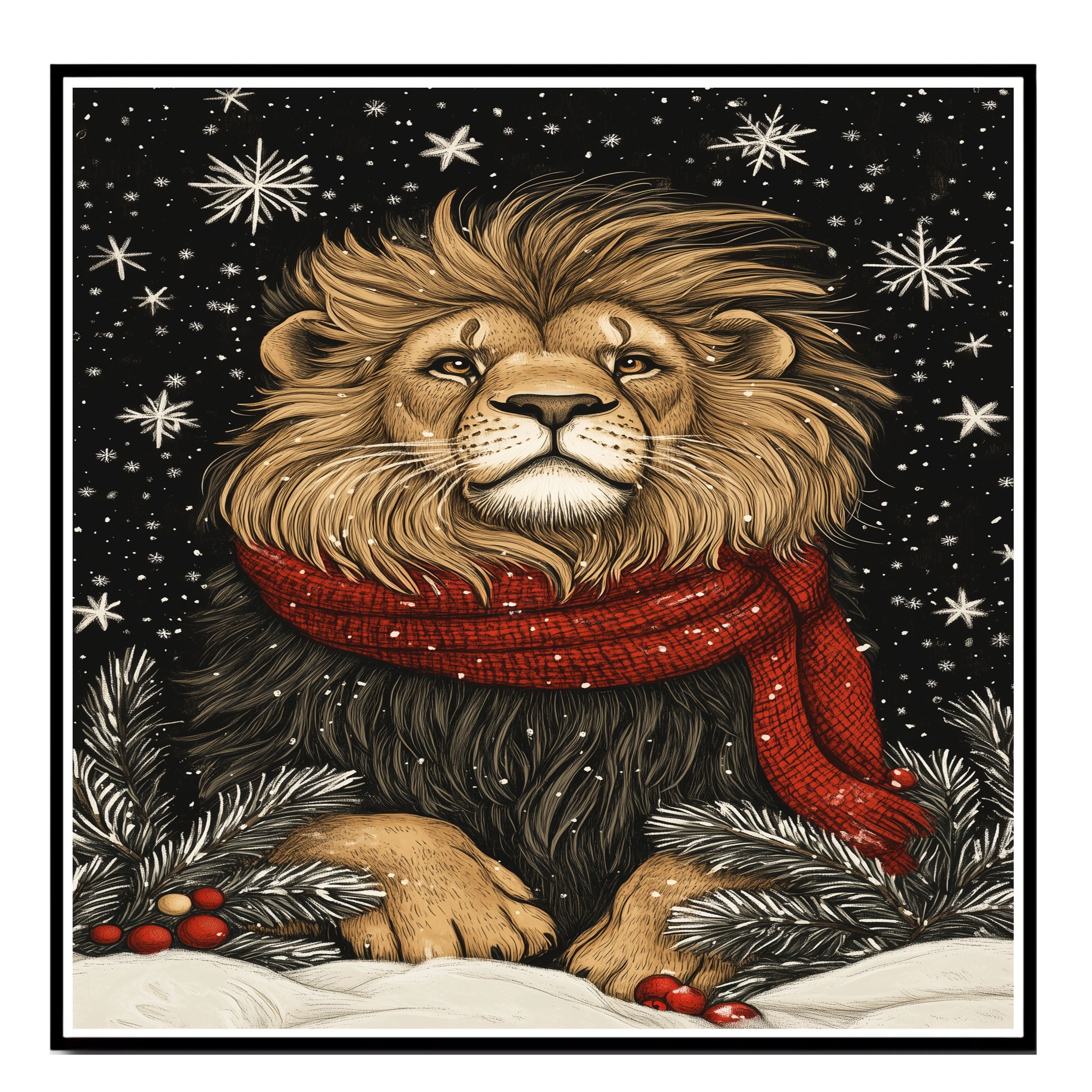 Lion in Red Scarf Posing in Winter Snow Flat Rolled, Framed or Wrapped Canvas