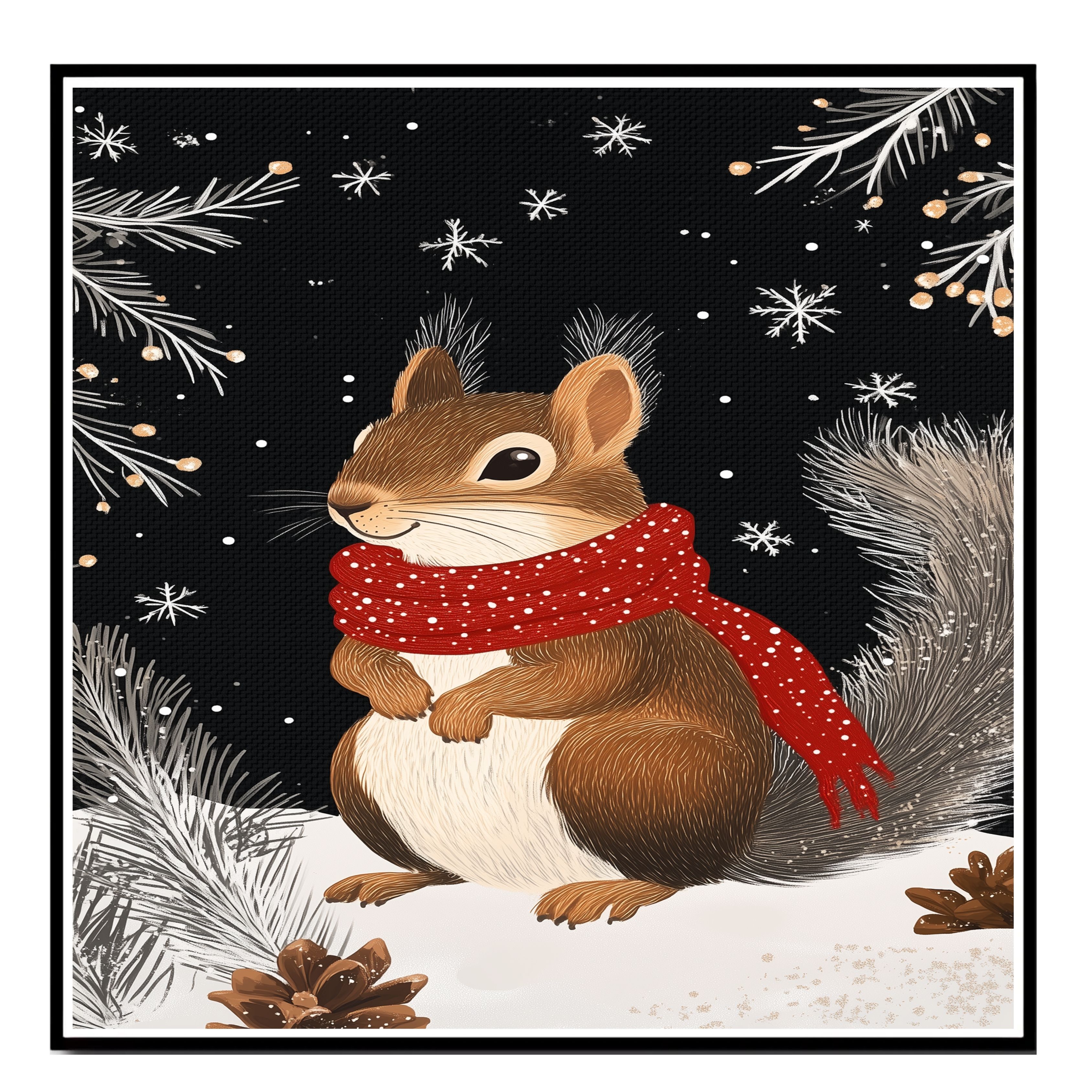 Frosty Friend Squirrel on Ready Flat Rolled, Framed or Wrapped Canvas