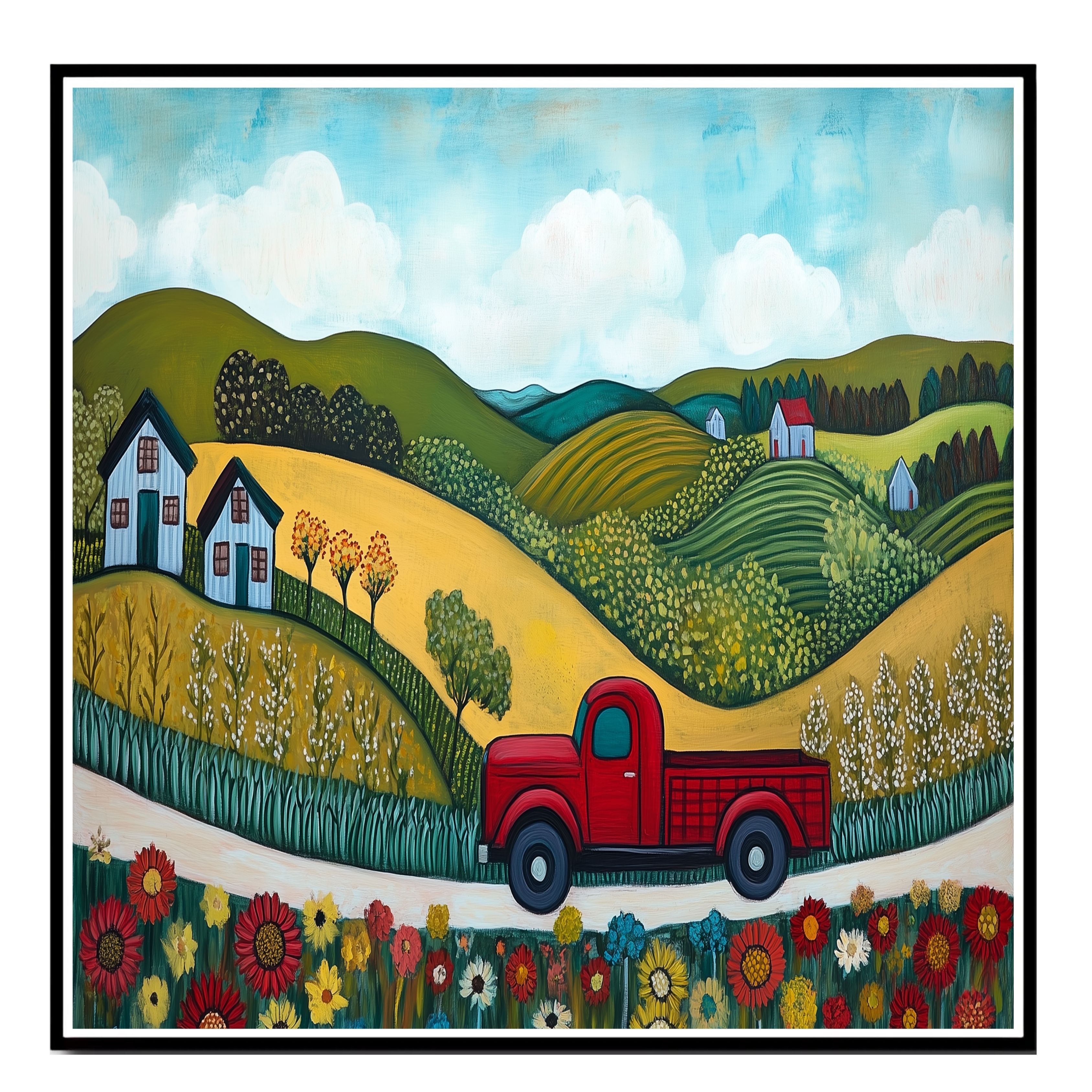 Red Truck Art with Hills and Farmhouse Flat Rolled, Framed or Wrapped Canvas