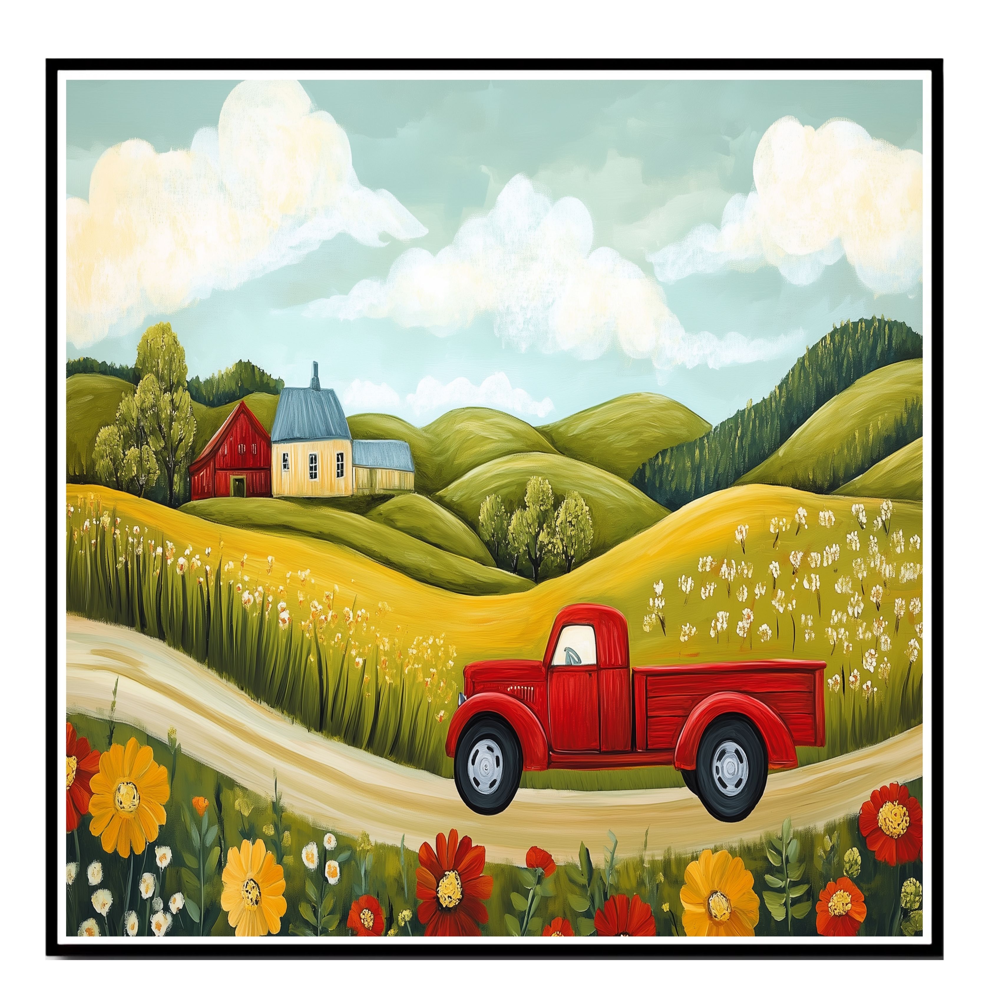 Red Truck Farm Wall Art with Wildflowers Flat Rolled, Framed or Wrapped Canvas