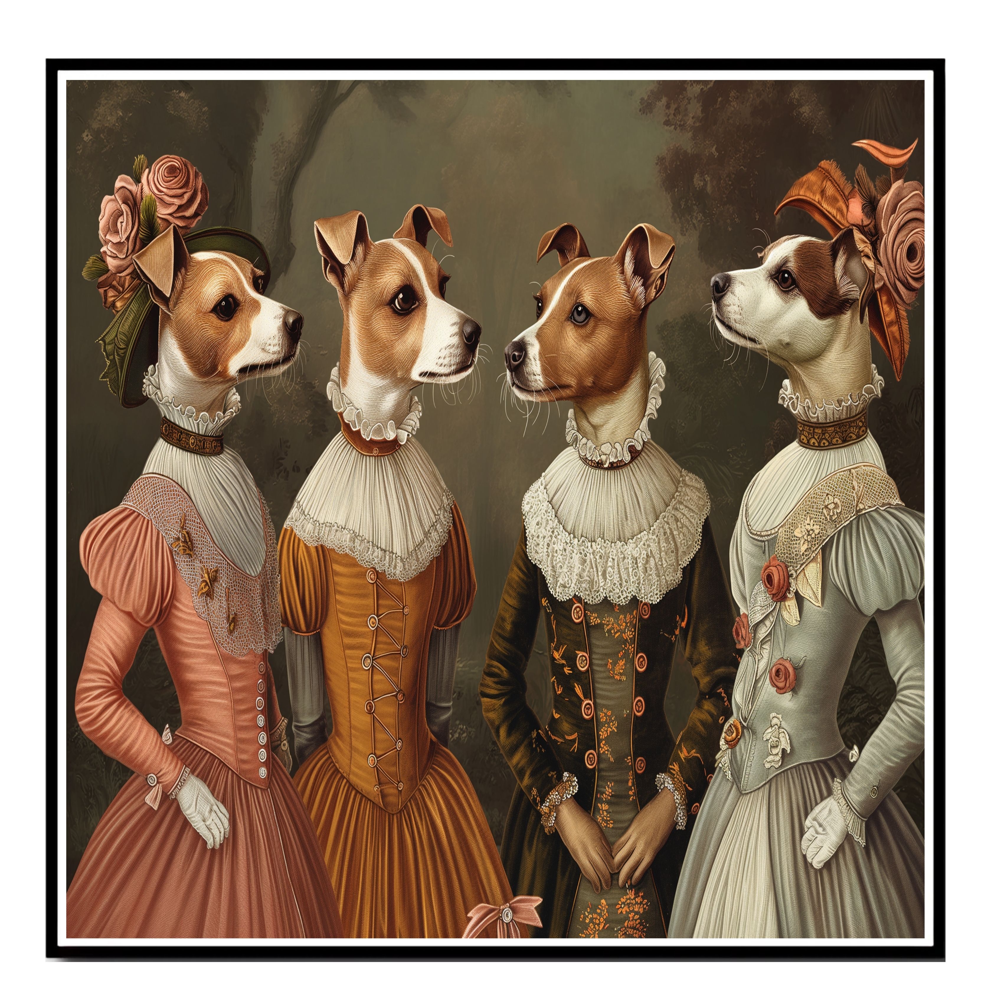 Jack Russell Dog Art in Elegant Dresses Flat Rolled, Framed or Wrapped Canvas