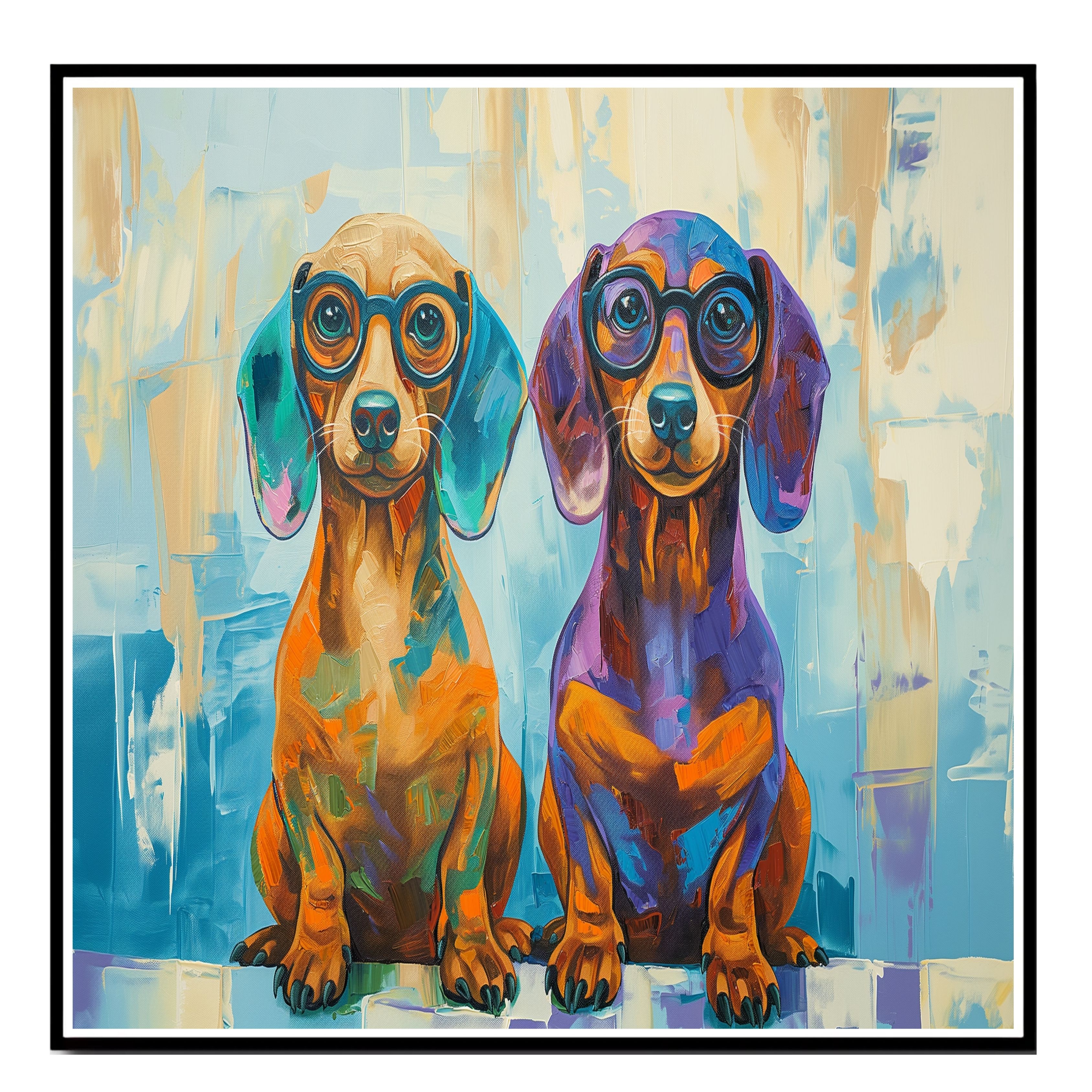 Colorful Dachshund Dogs in Glasses Art Flat Rolled, Framed or Wrapped Canvas