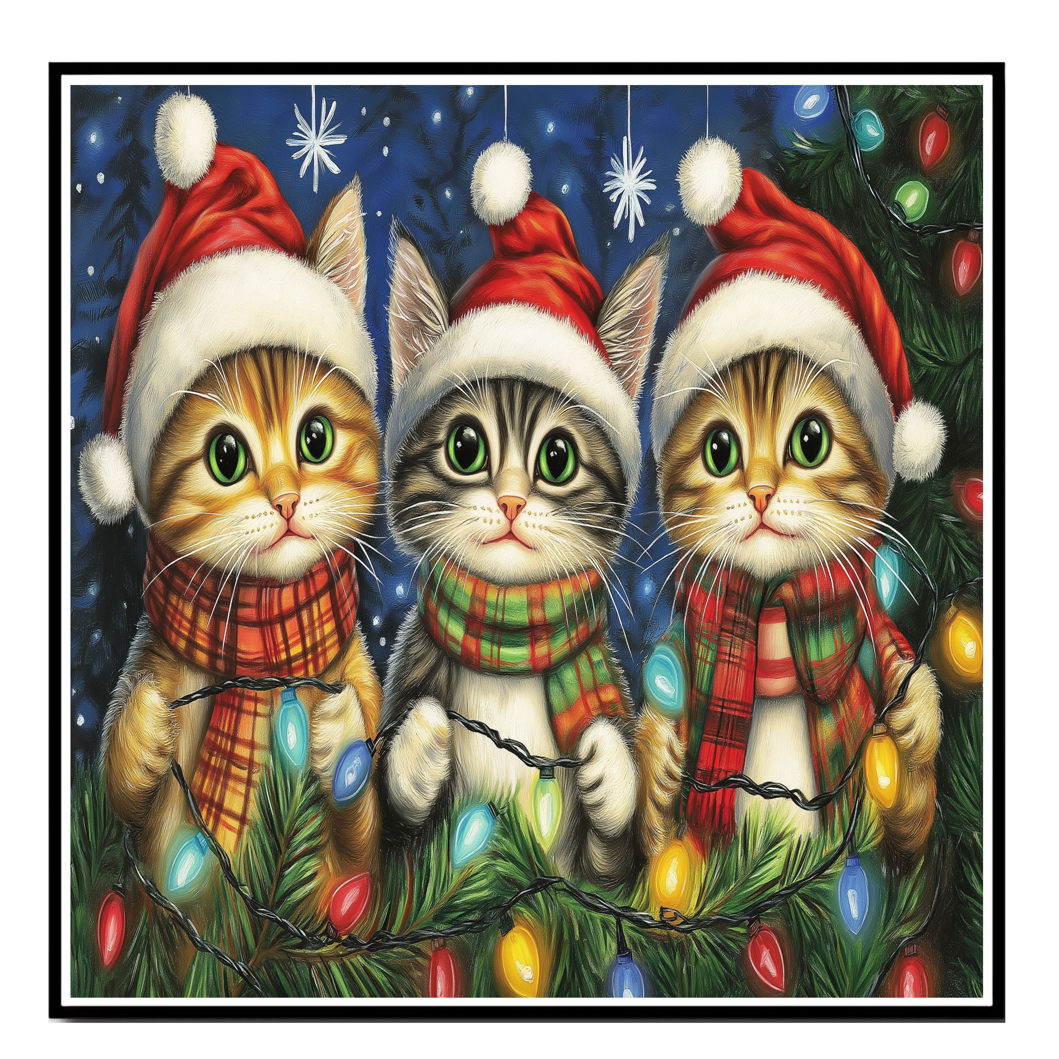Christmas Kitten Cat Art Holiday Decor Flat Rolled, Framed or Wrapped Canvas