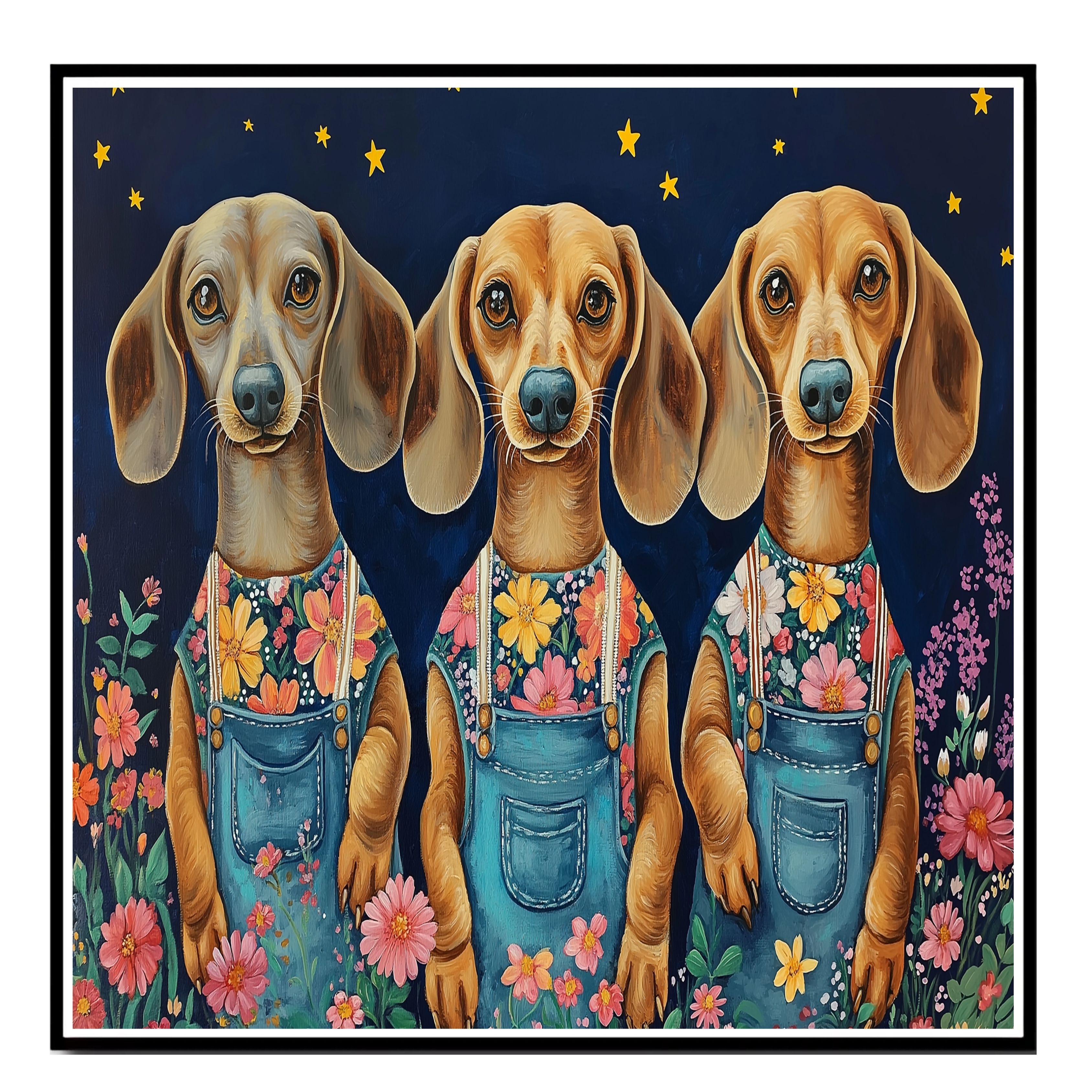 Dachshund Dog Wall Art Floral Print Flat Rolled, Framed or Wrapped Canvas