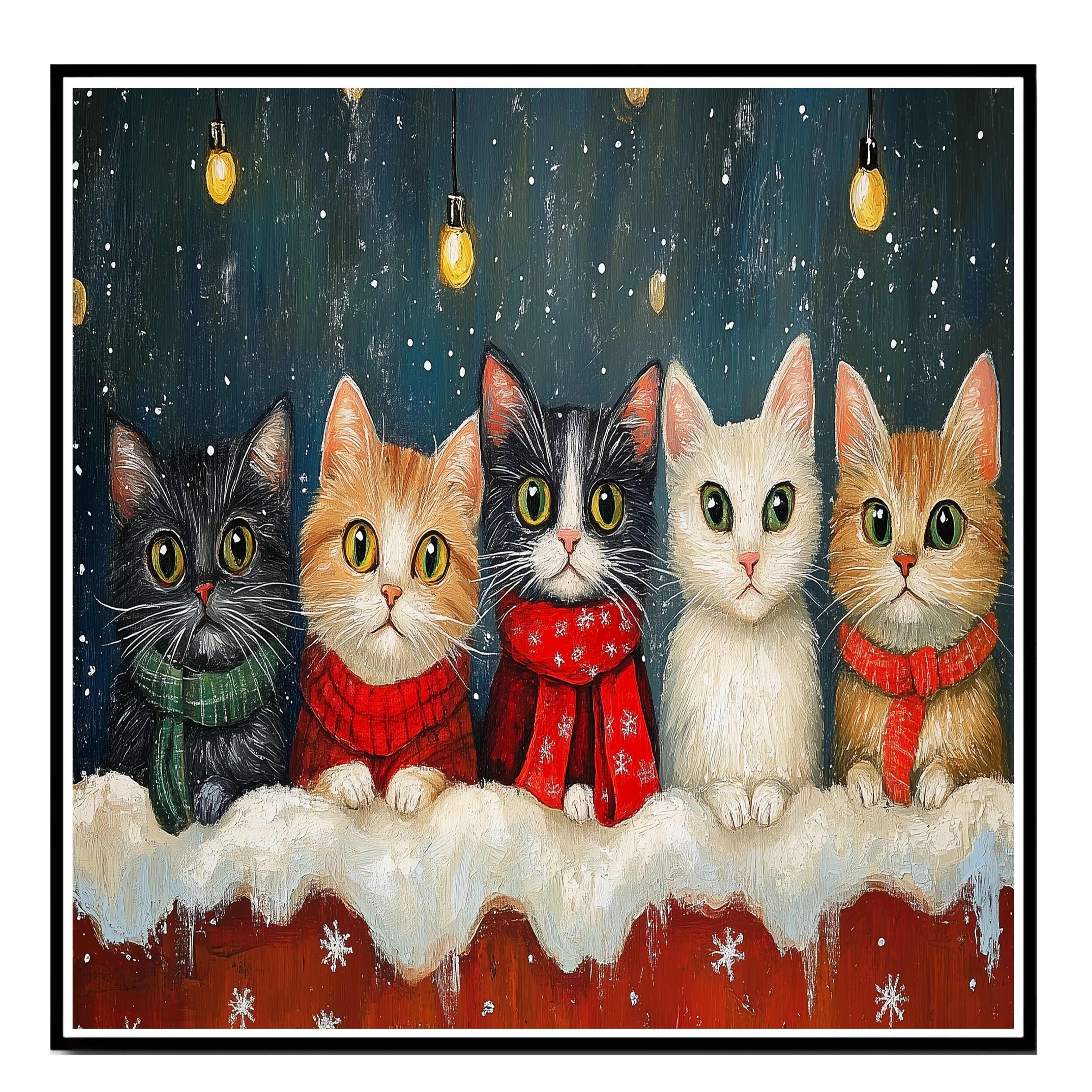 Christmas Cats in Scarves with Snow Flat Rolled, Framed or Wrapped Canvas