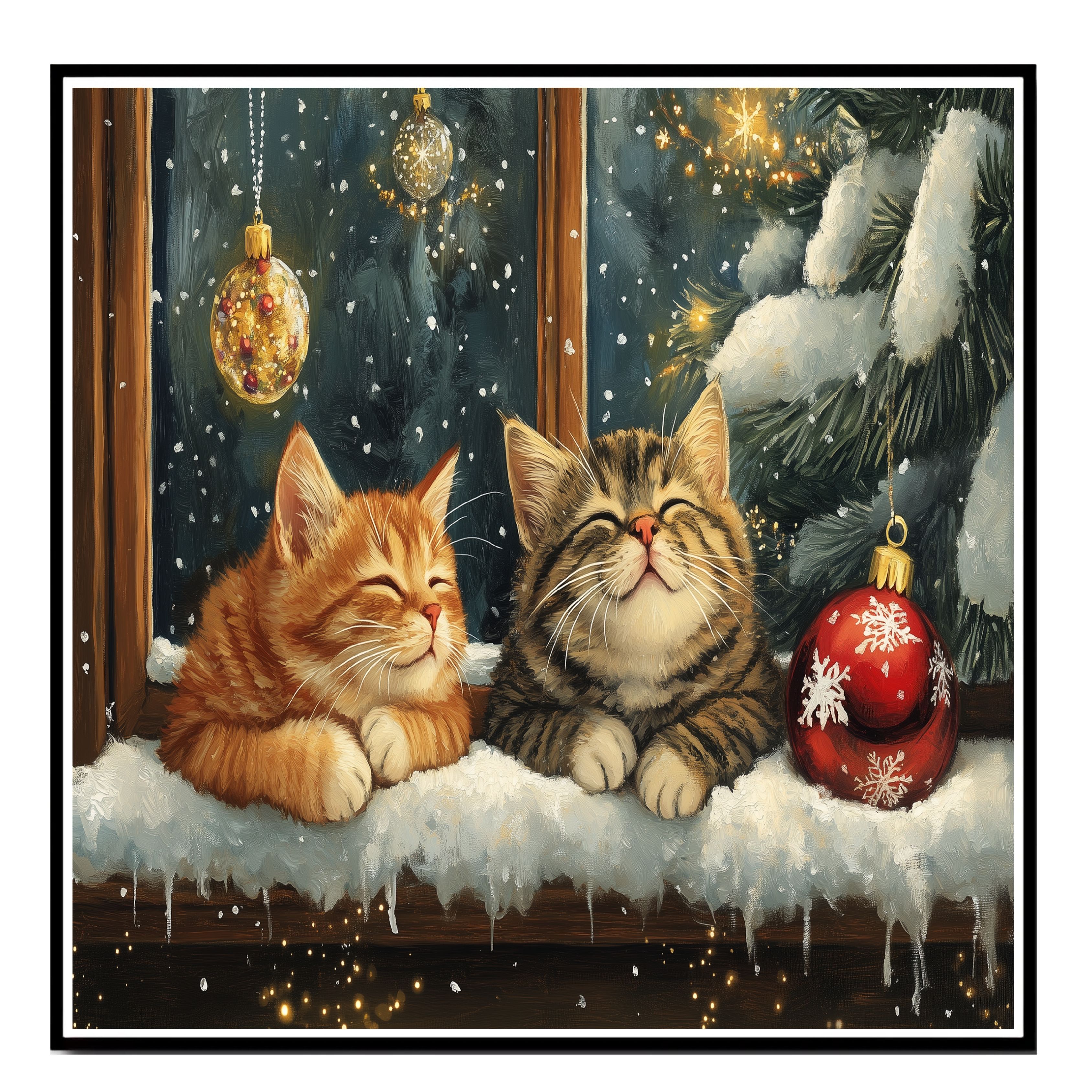 Christmas Cats Sleeping in Snow by Window Flat Rolled, Framed or Wrapped Canvas