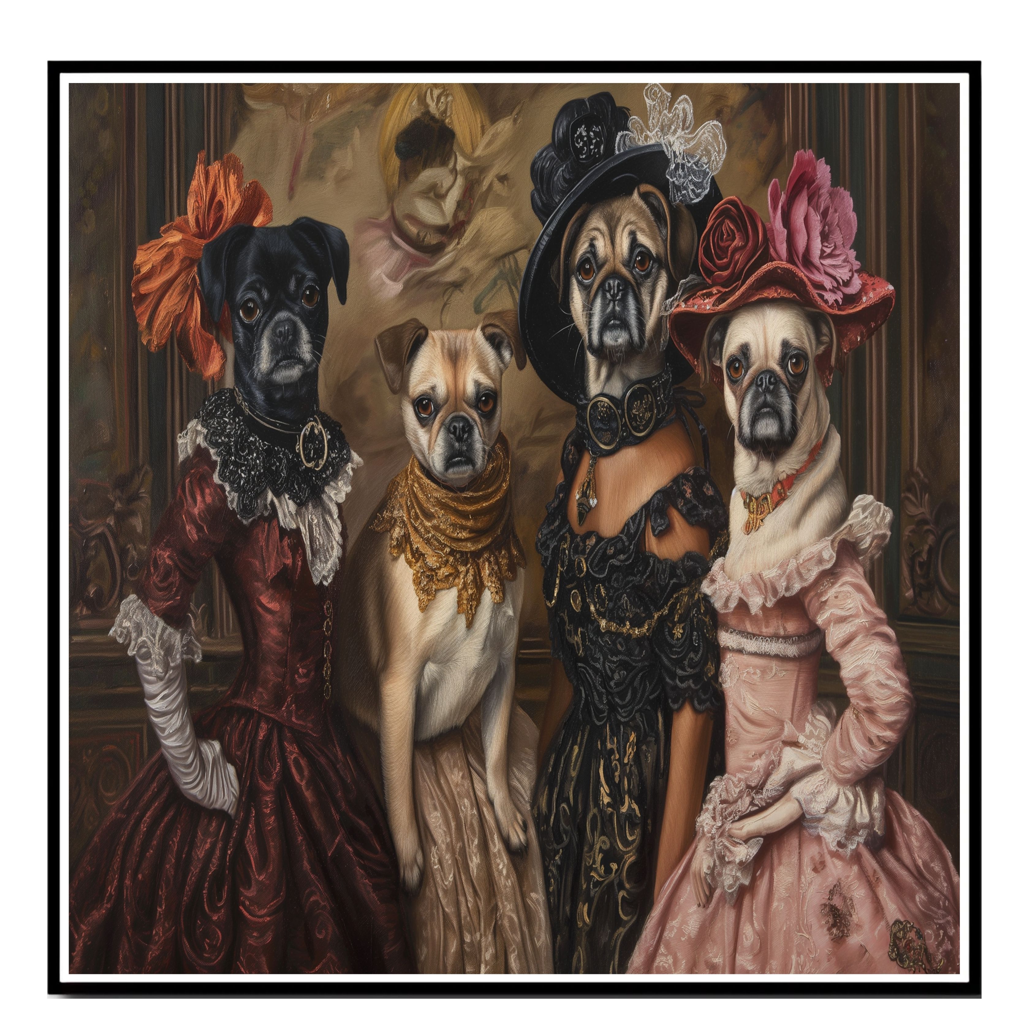 Victorian Pug Dog Portrait for Wall Decor Flat Rolled, Framed or Wrapped Canvas