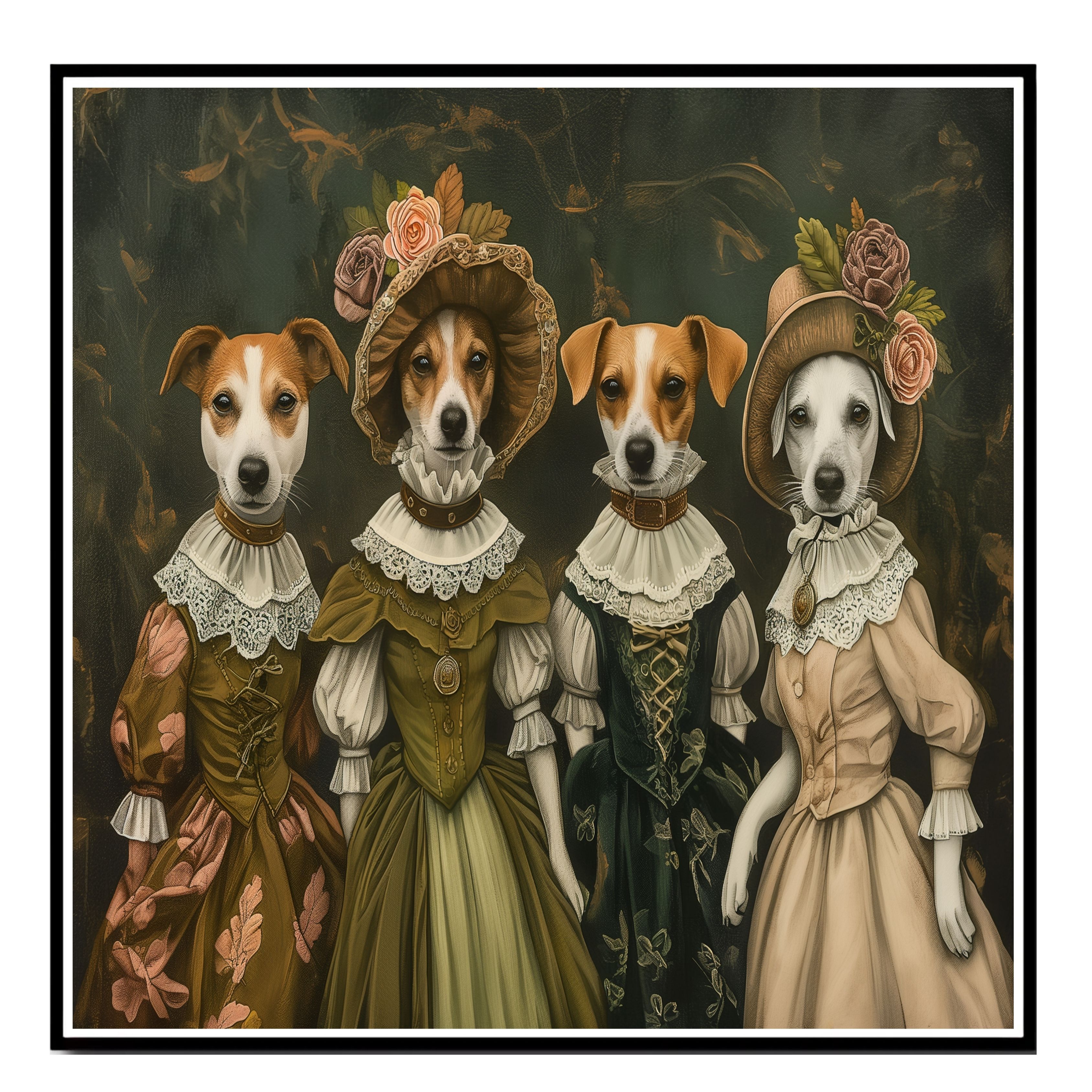 Victorian Jack Russell Dog in Dresses Art Flat Rolled, Framed or Wrapped Canvas
