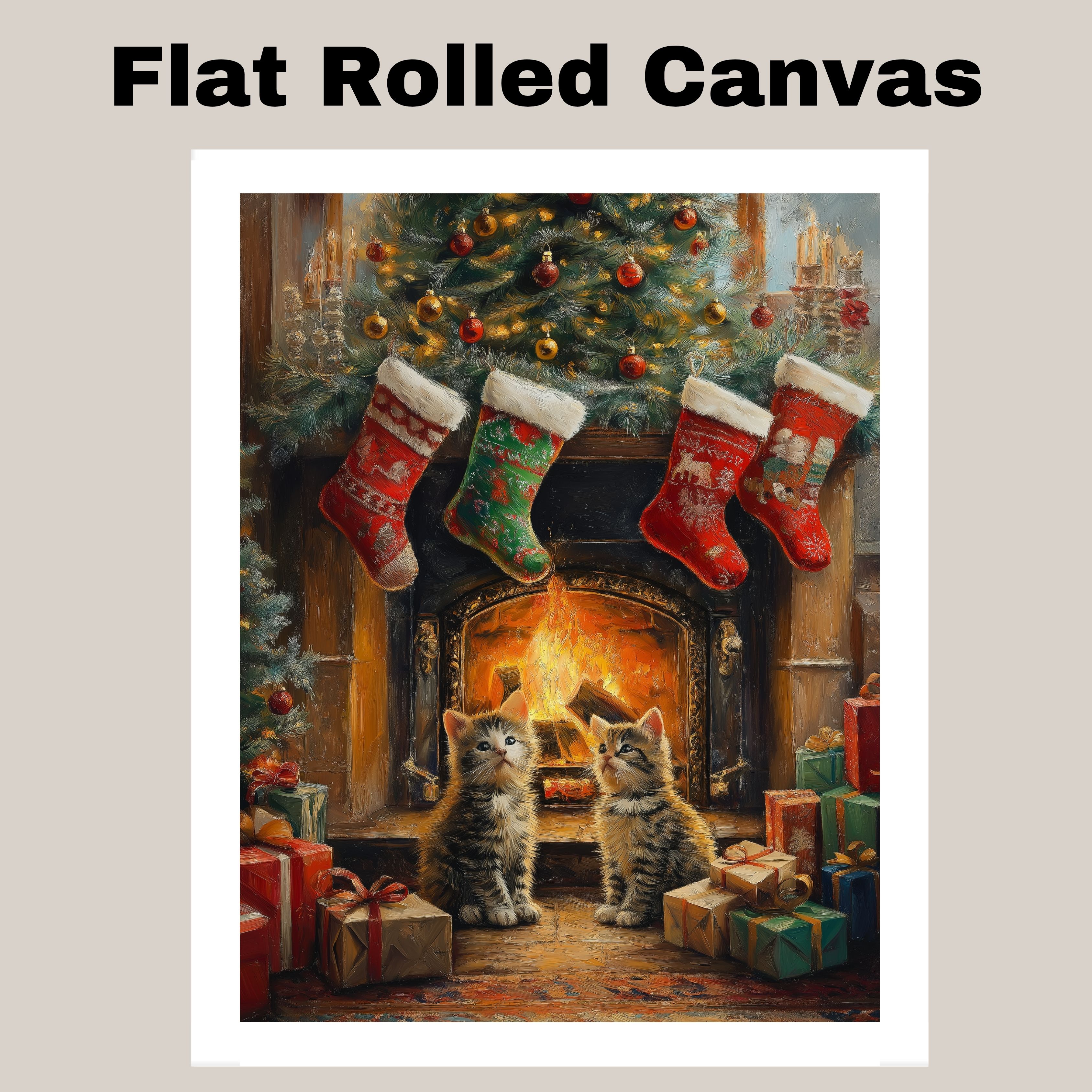 Christmas Cats Fireplace Cozy Home Decor Flat Rolled, Framed or Wrapped Canvas