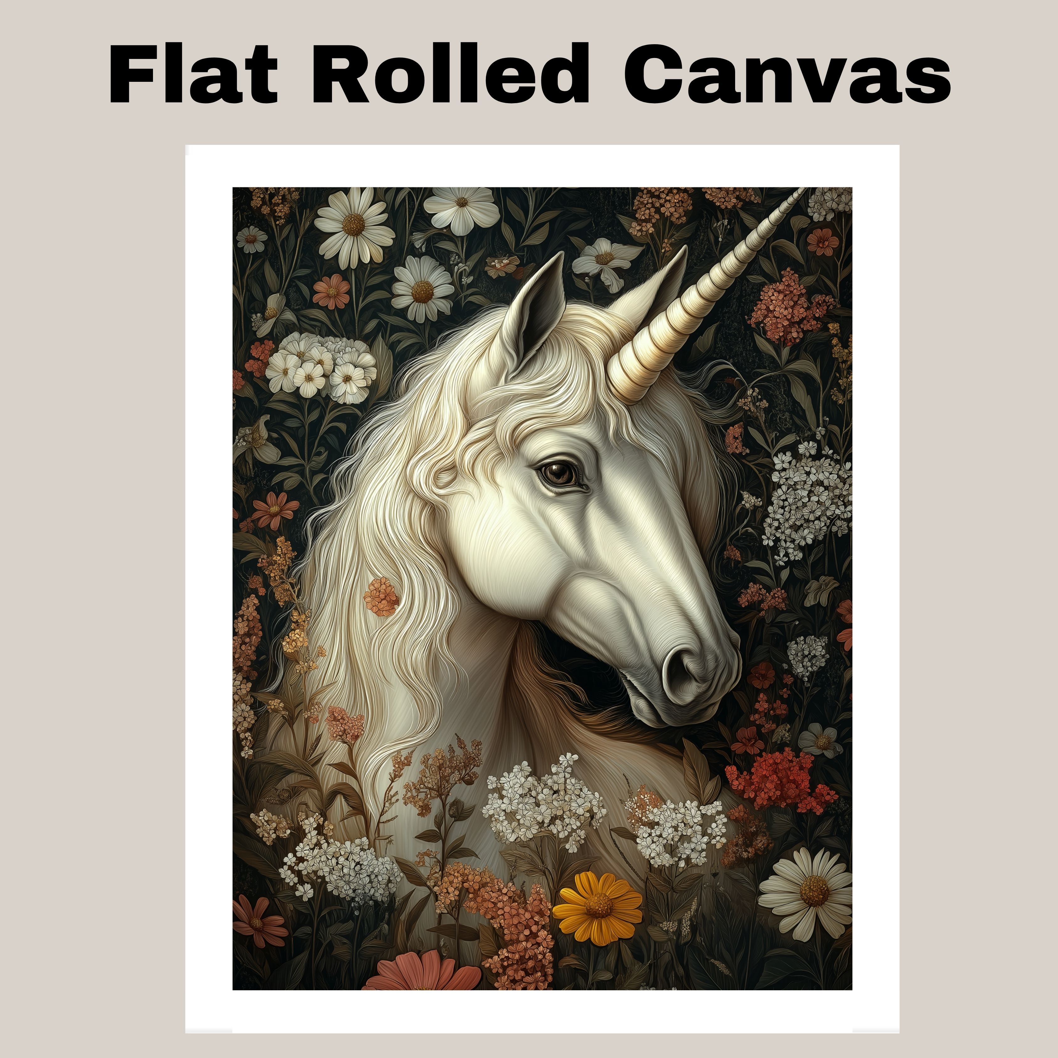 White Unicorn Floral Horse Fantasy Decor Flat Rolled, Framed or Wrapped Canvas