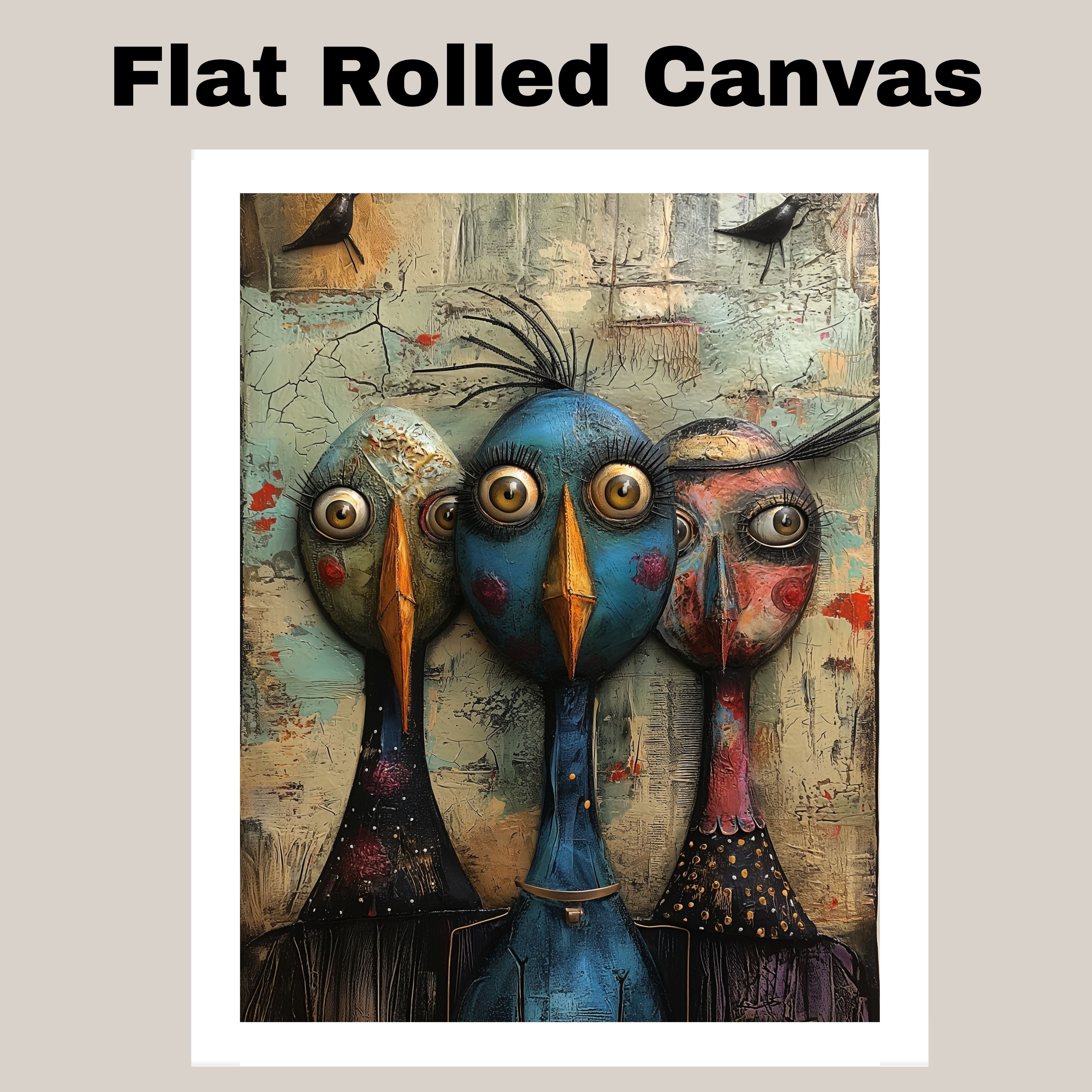 Quirky Colorful Birds Trio Office Decor Flat Rolled, Framed or Wrapped Canvas