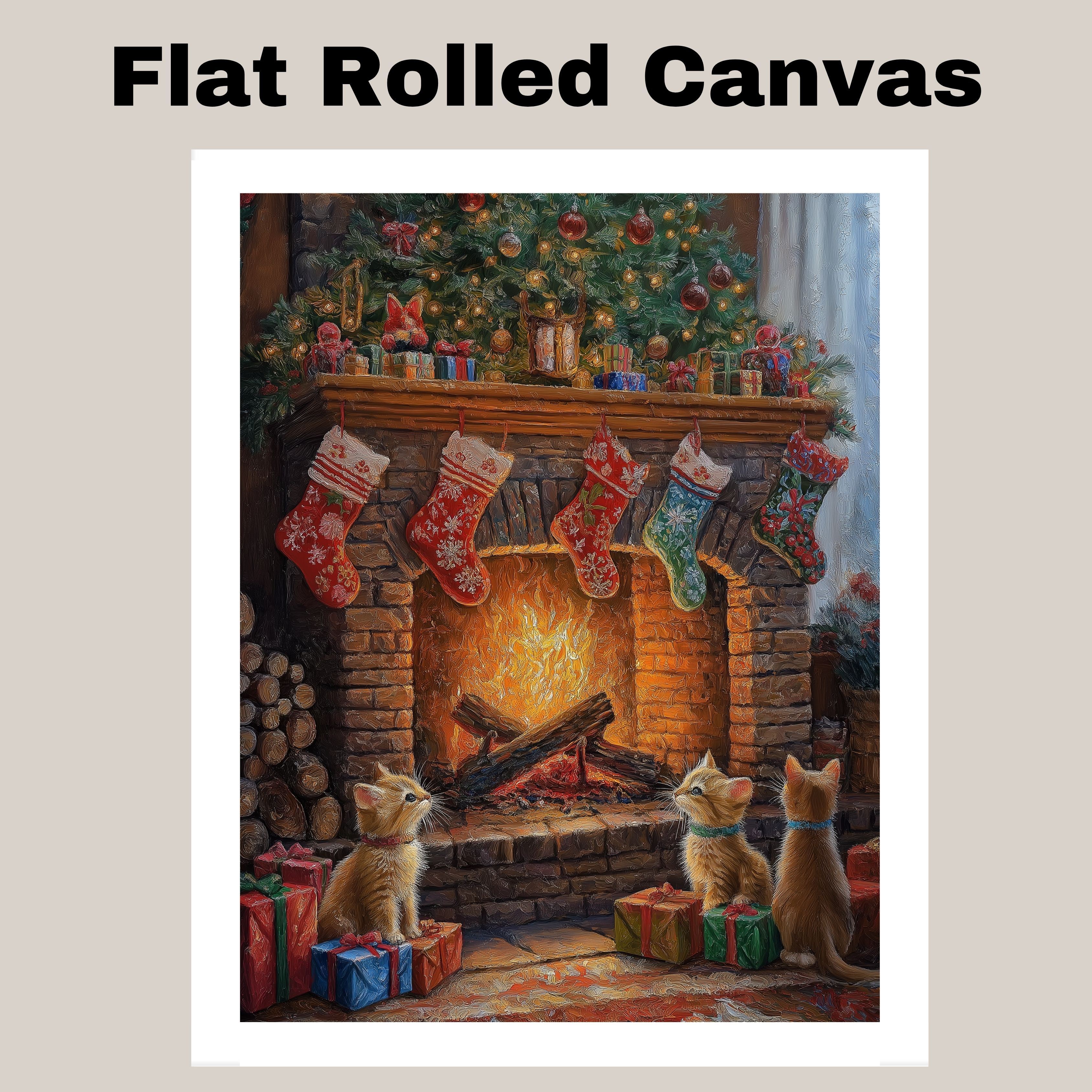 Christmas Cats Fireplace Holiday Art Decor Flat Rolled, Framed or Wrapped Canvas