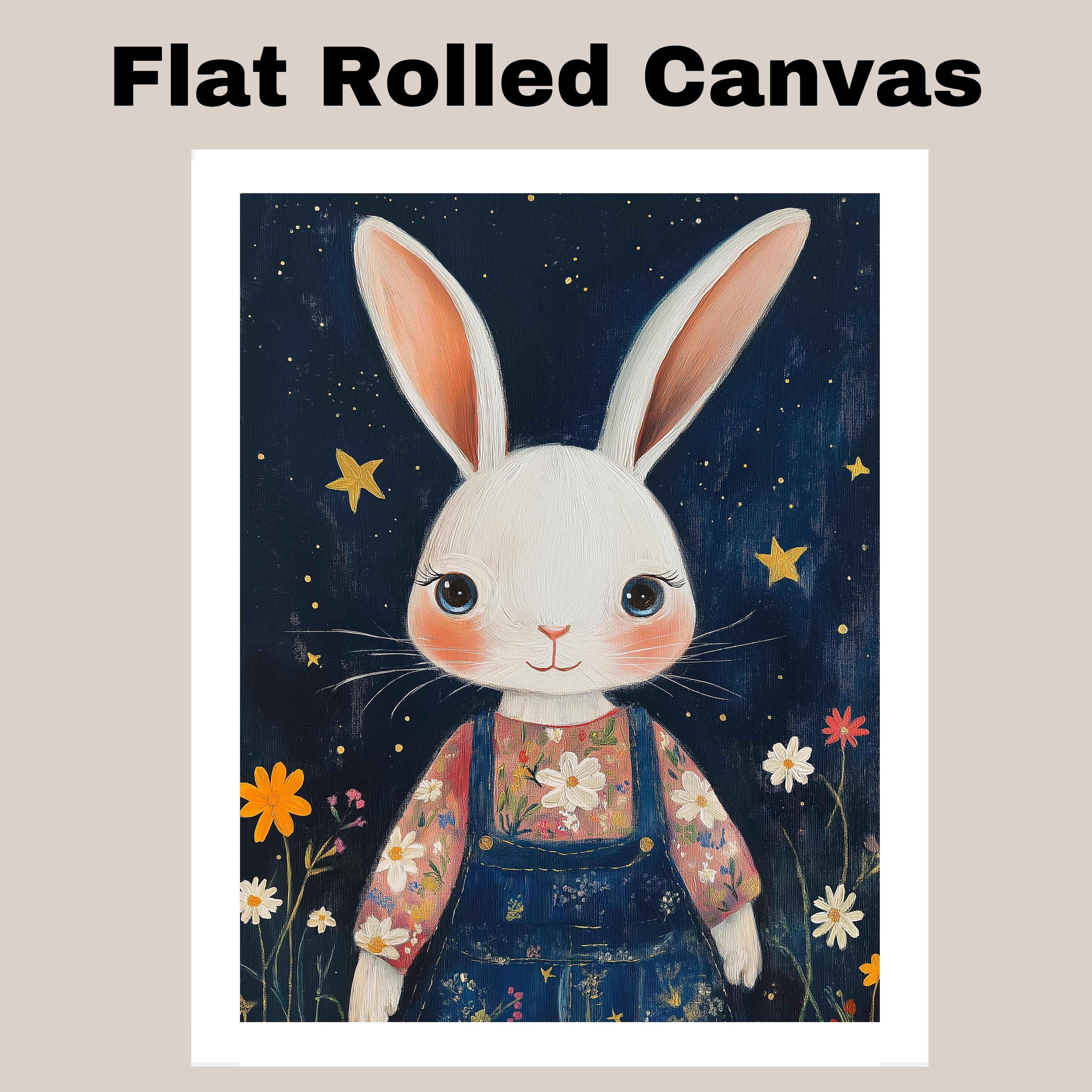 White Bunny Nursery or Kids Room Decor Flat Rolled, Framed or Wrapped Canvas