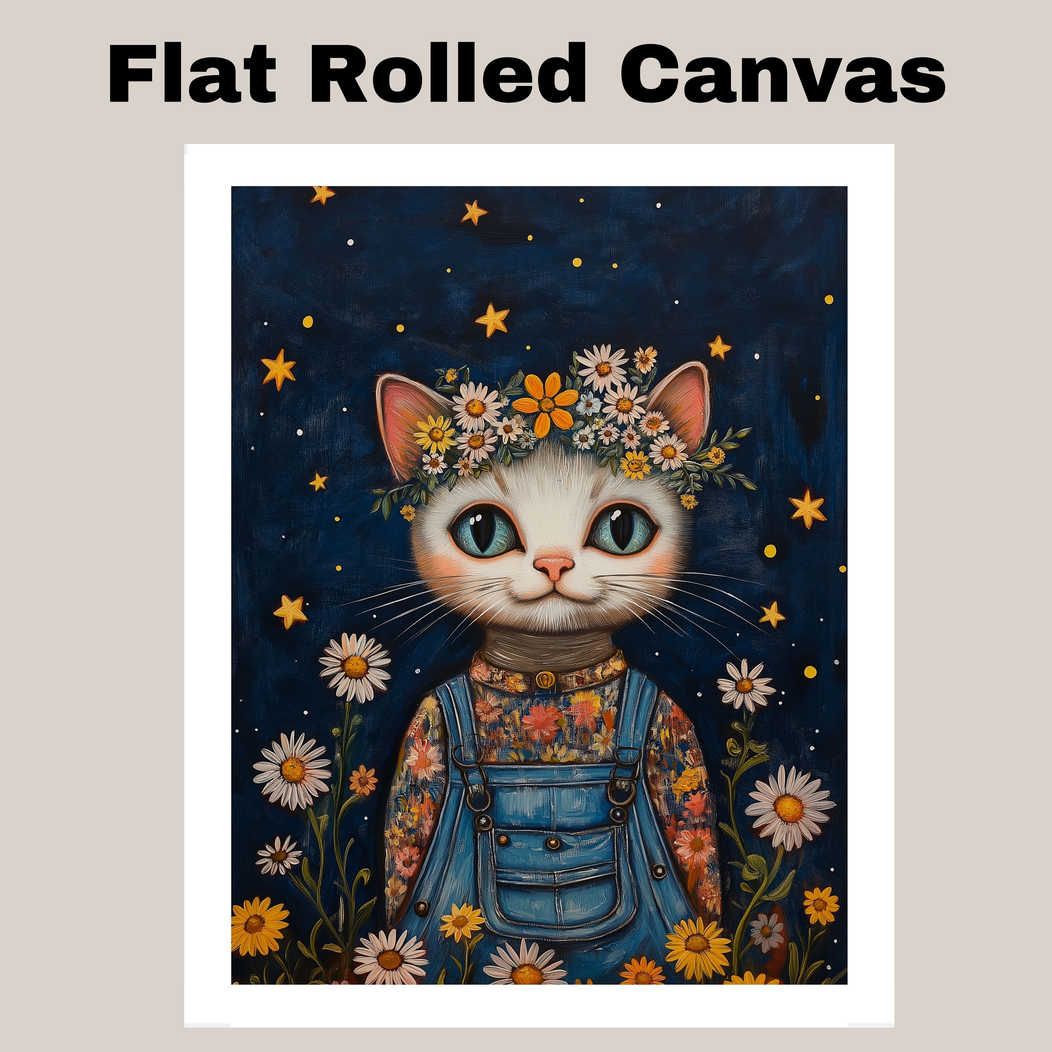 Cat with Flower Crown Kids Room Decor Flat Rolled, Framed or Wrapped Canvas