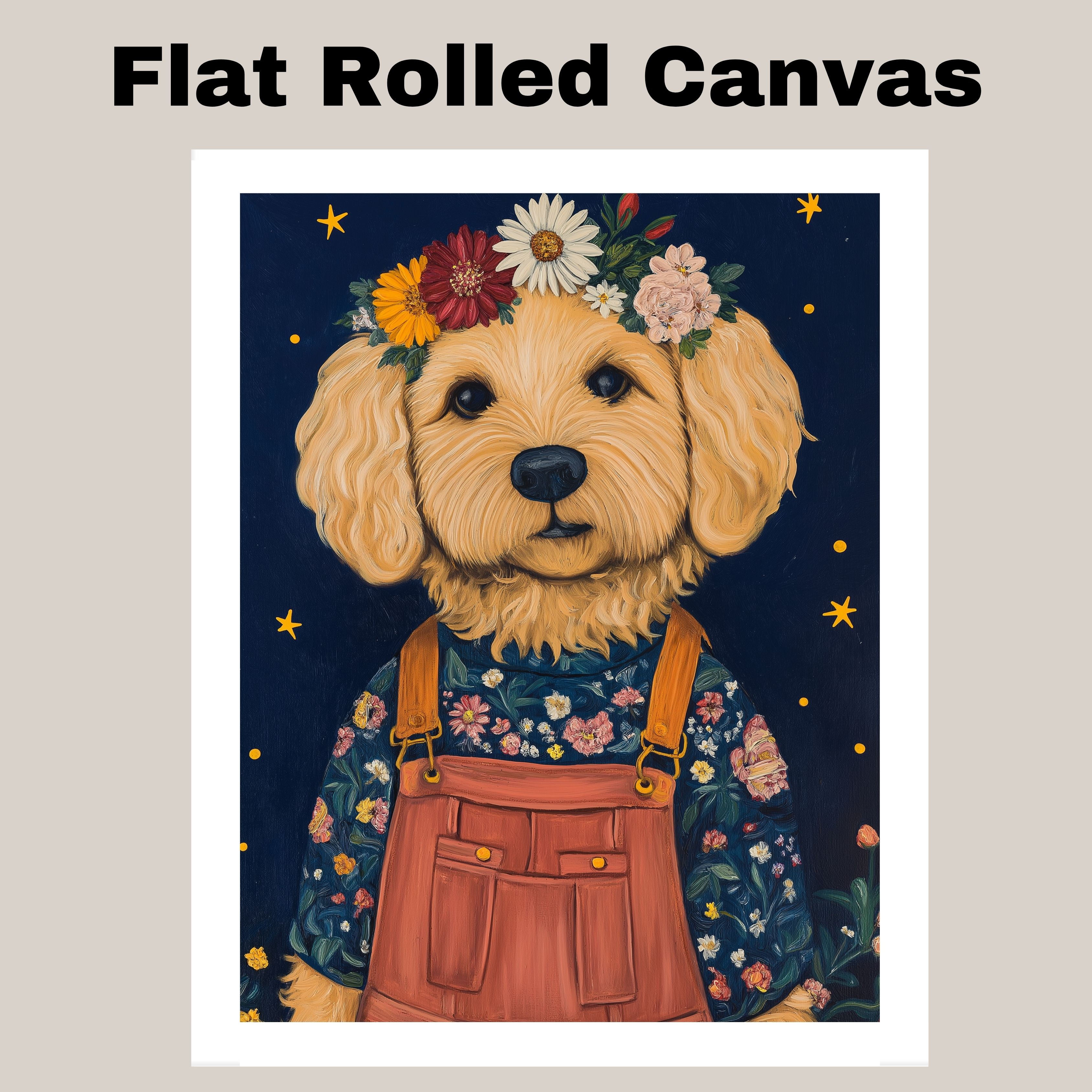 Golden Doodle Dog in Floral Overalls Decor Flat Rolled, Framed or Wrapped Canvas