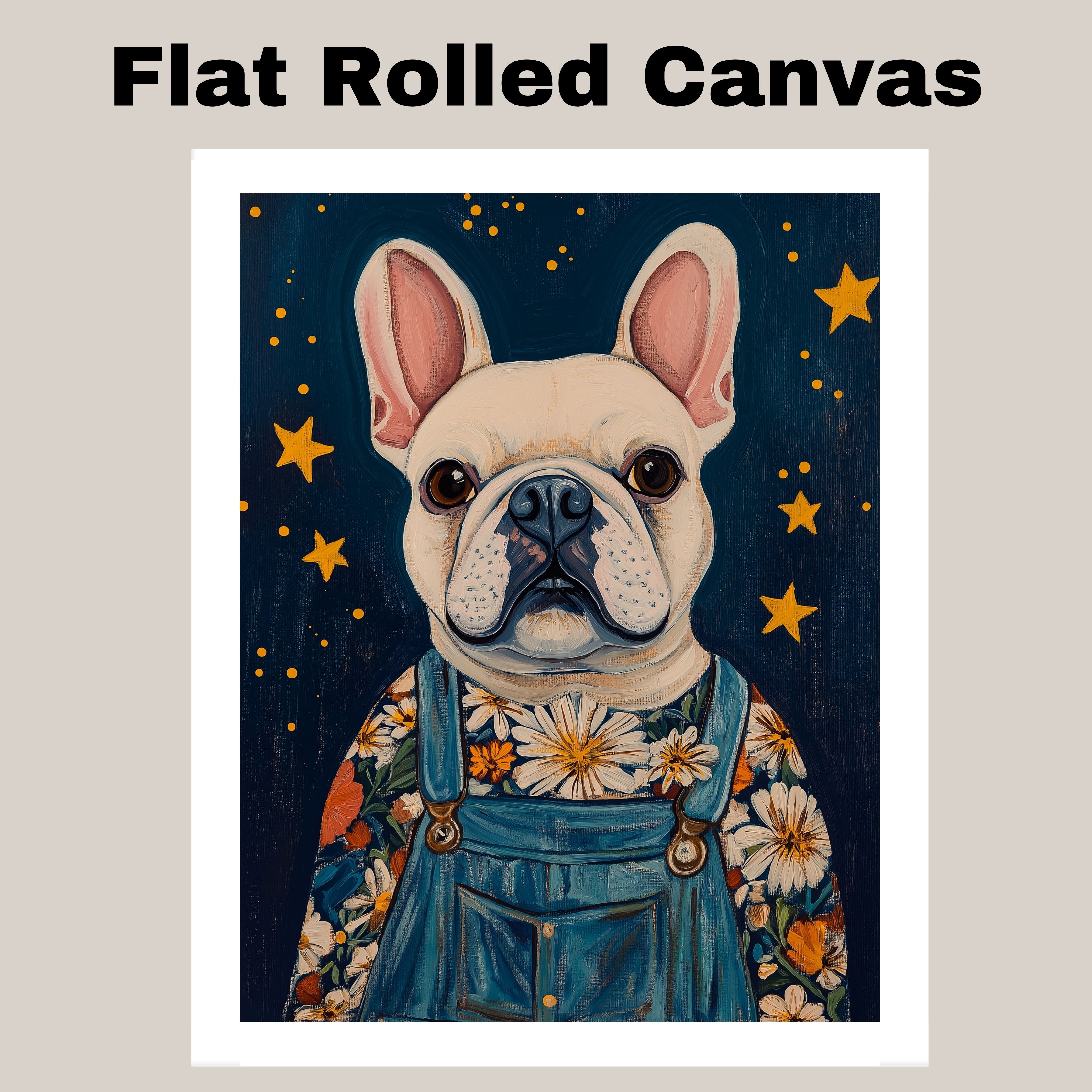 French Bulldog Floral Shirt Overalls Decor Flat Rolled, Framed or Wrapped Canvas