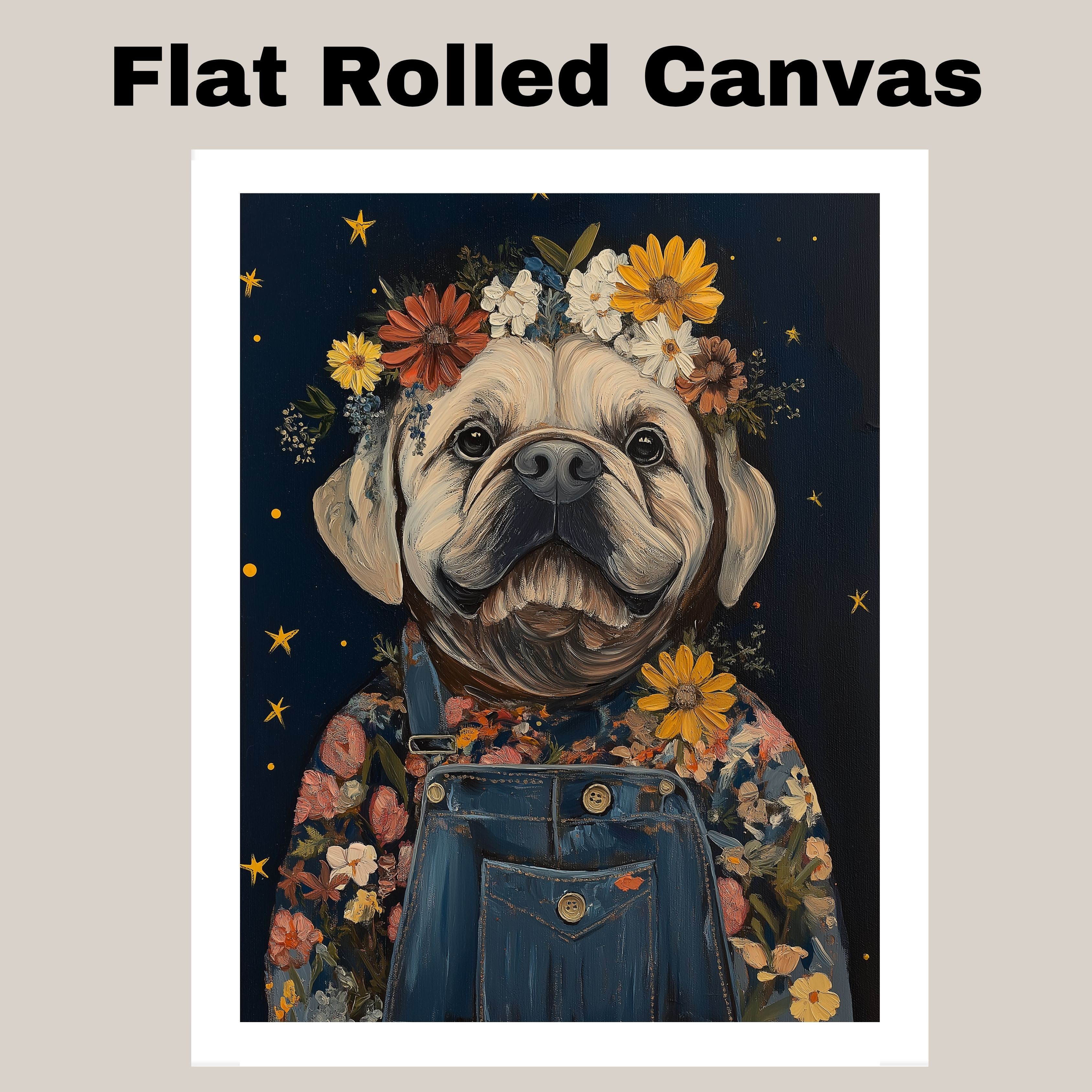 BullDog Floral Crown Overalls Art Decor Flat Rolled, Framed or Wrapped Canvas