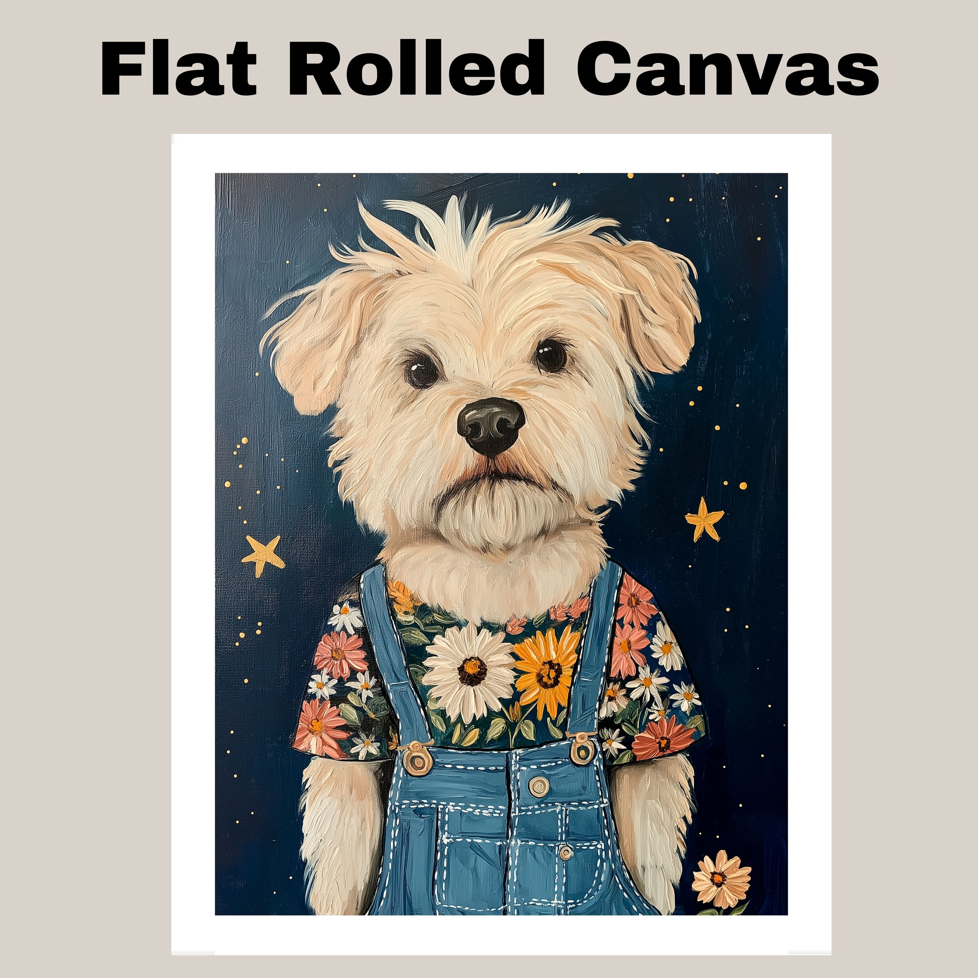 White Fluffy Pup Floral Overalls Decor Flat Rolled, Framed or Wrapped Canvas