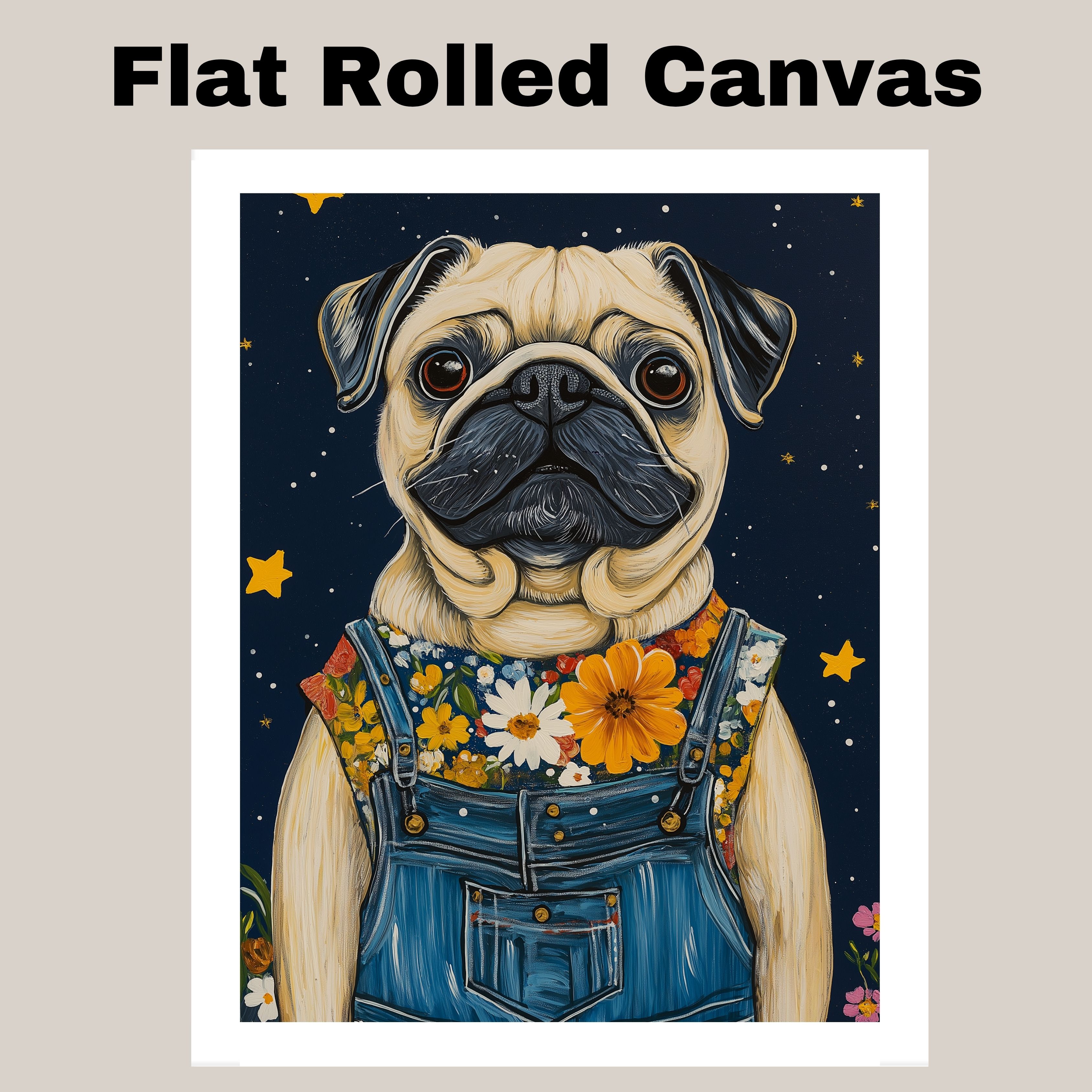 Mops Hund Blumen Overall Bauernhaus Landhaus flach gerollt, gerahmt oder gewickelt Leinwand - Bild 18 von 19