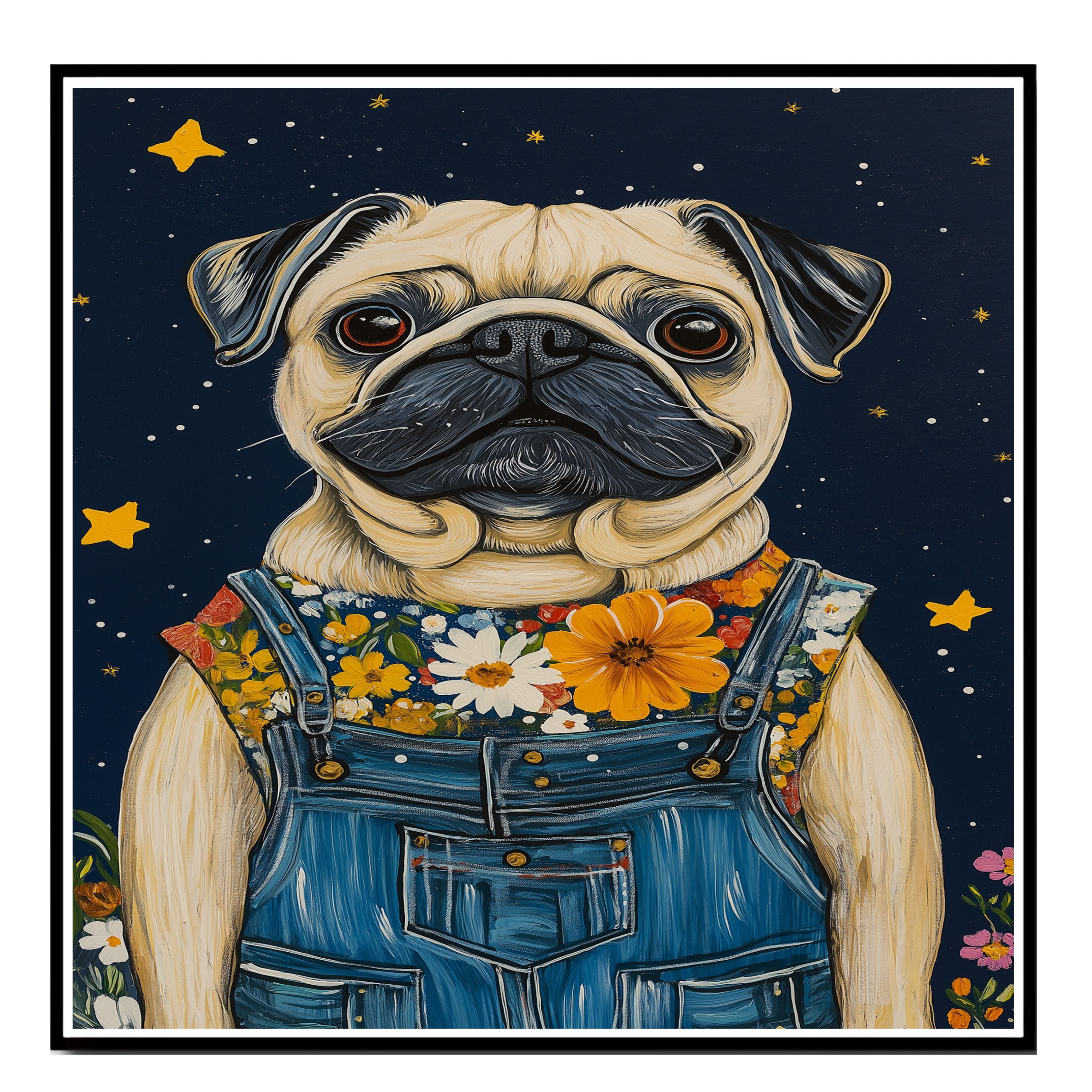 Mops Hund Blumen Overall Bauernhaus Landhaus flach gerollt, gerahmt oder gewickelt Leinwand - Bild 15 von 19