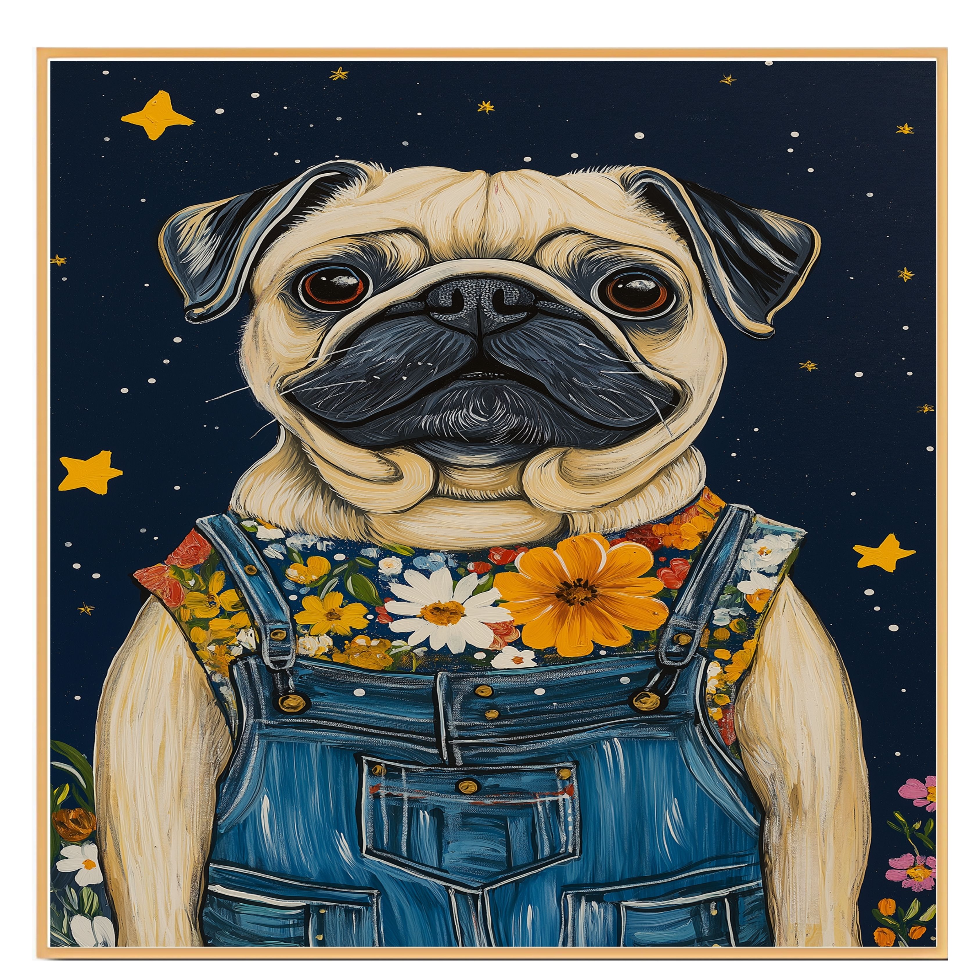 Mops Hund Blumen Overall Bauernhaus Landhaus flach gerollt, gerahmt oder gewickelt Leinwand - Bild 17 von 19