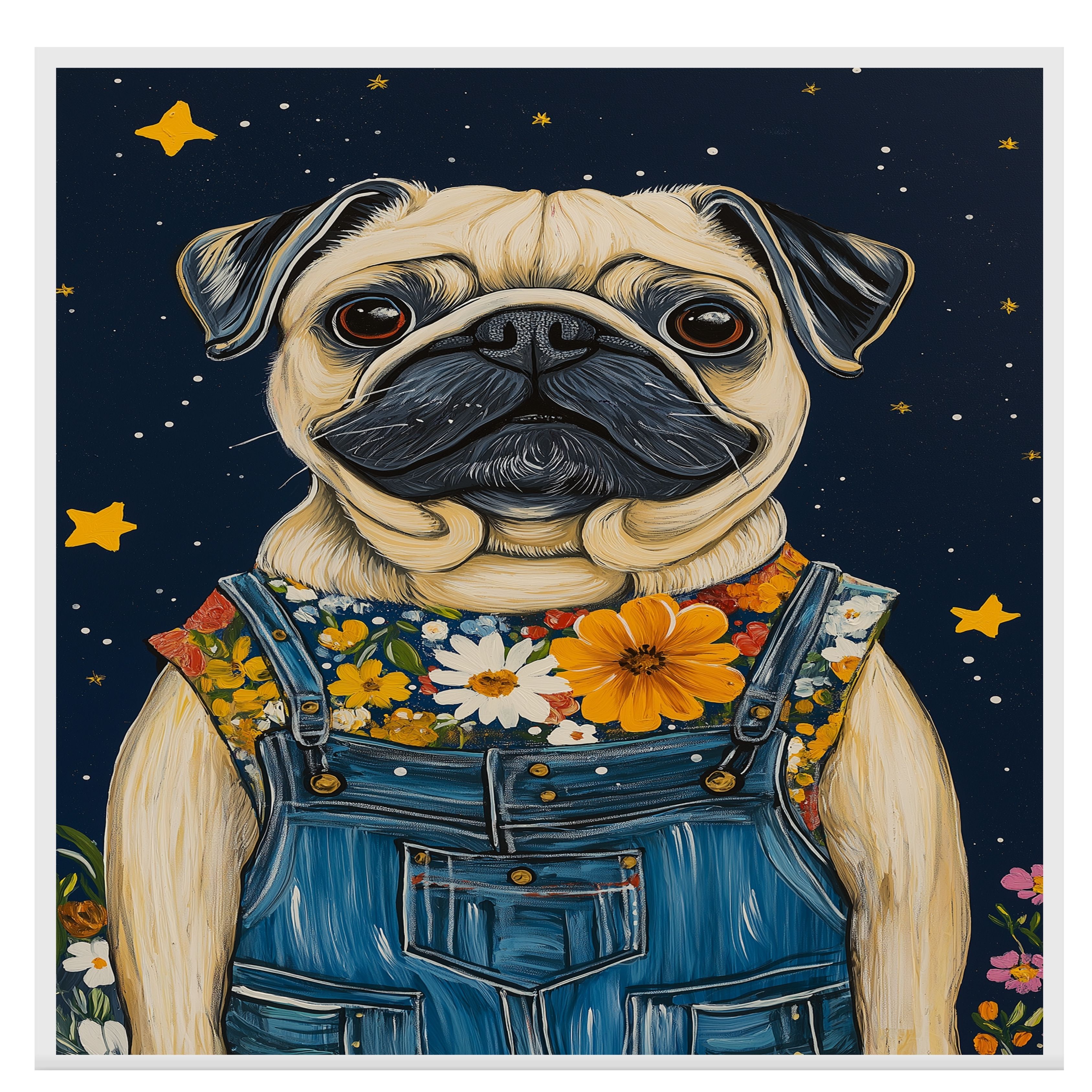 Mops Hund Blumen Overall Bauernhaus Landhaus flach gerollt, gerahmt oder gewickelt Leinwand - Bild 16 von 19