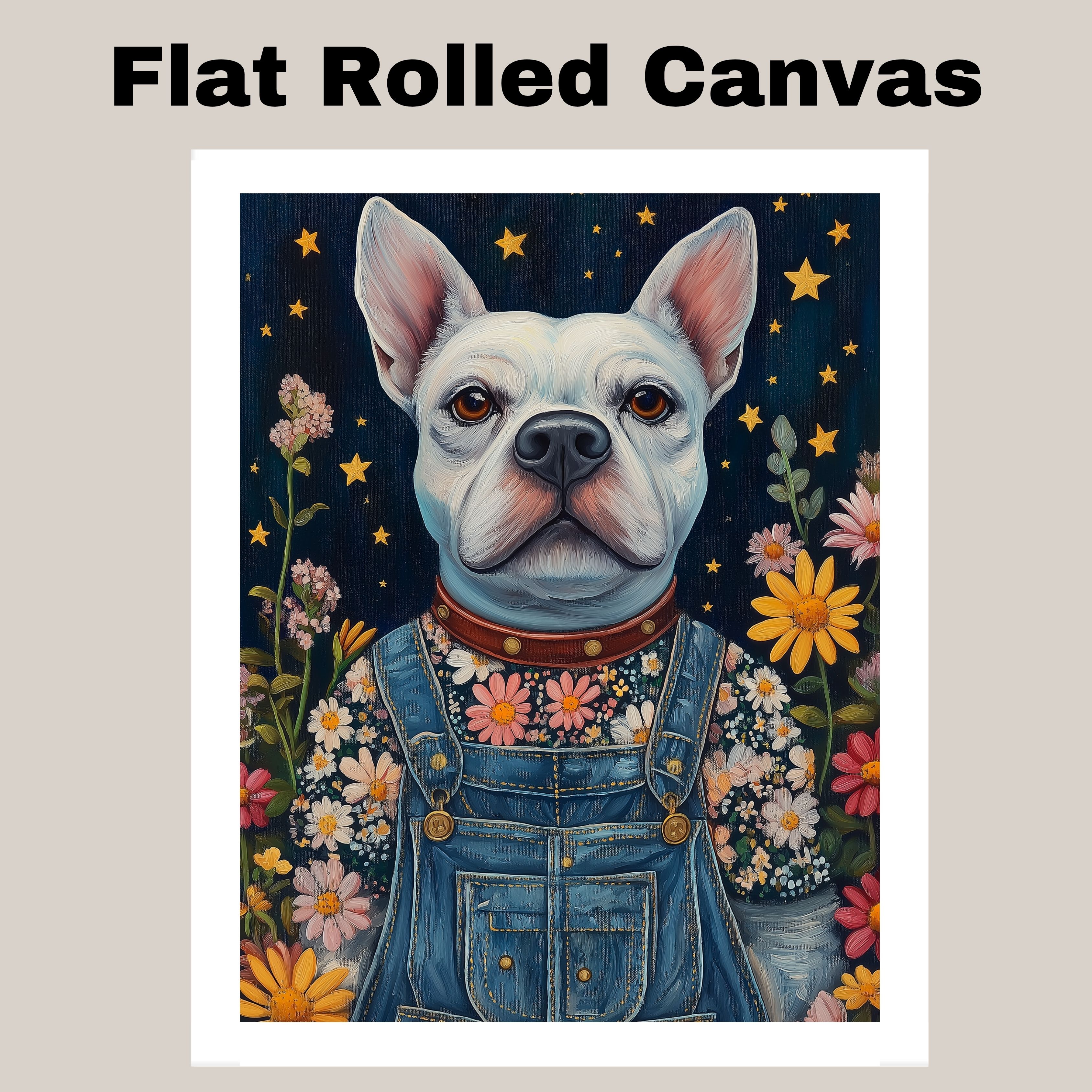 French Bulldog Floral Overalls Room Decor Flat Rolled, Framed or Wrapped Canvas