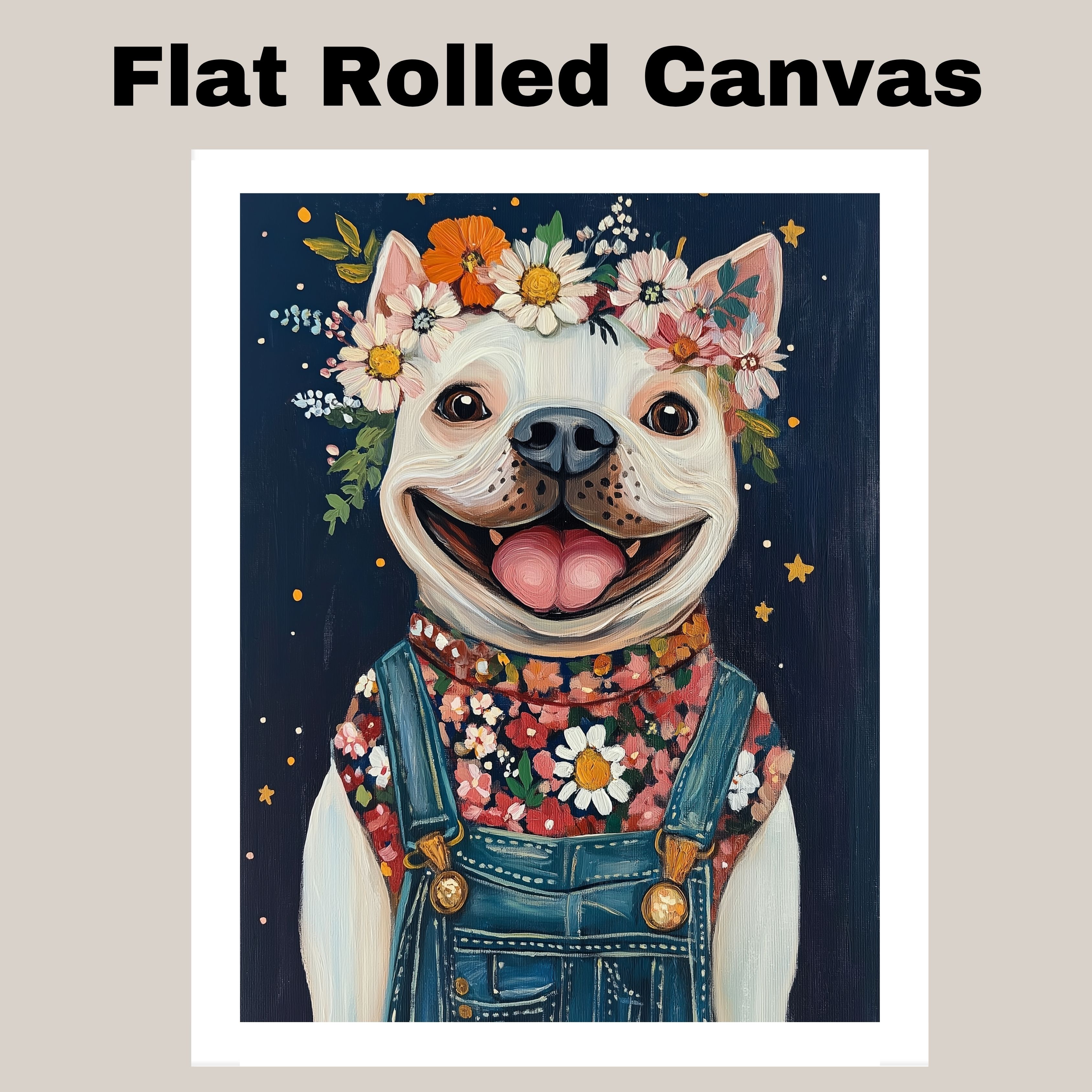 White Dog in Overalls Floral Nursery Decor Flat Rolled, Framed or Wrapped Canvas