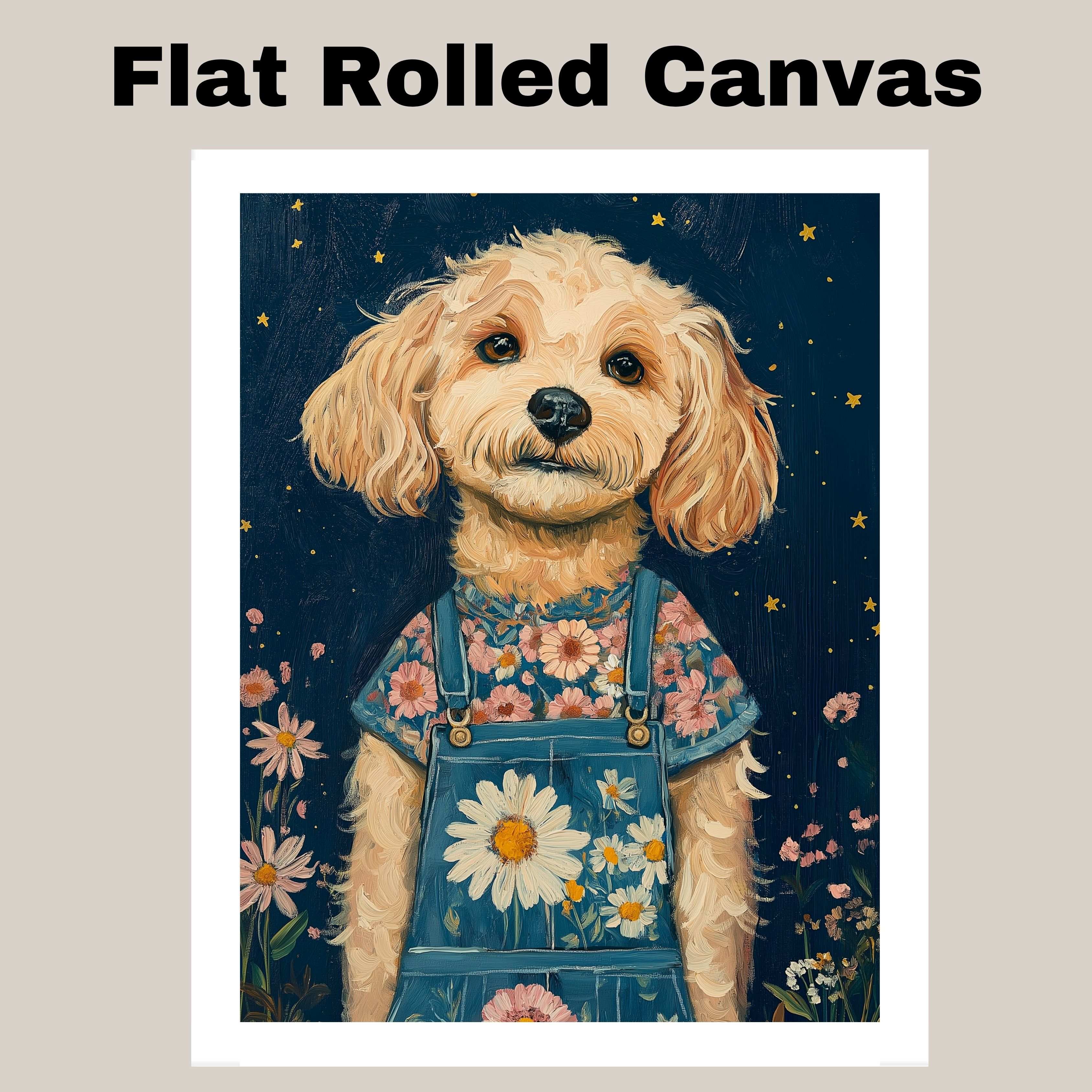 Dog in Overalls Floral Rustic Home Decor Flat Rolled, Framed or Wrapped Canvas