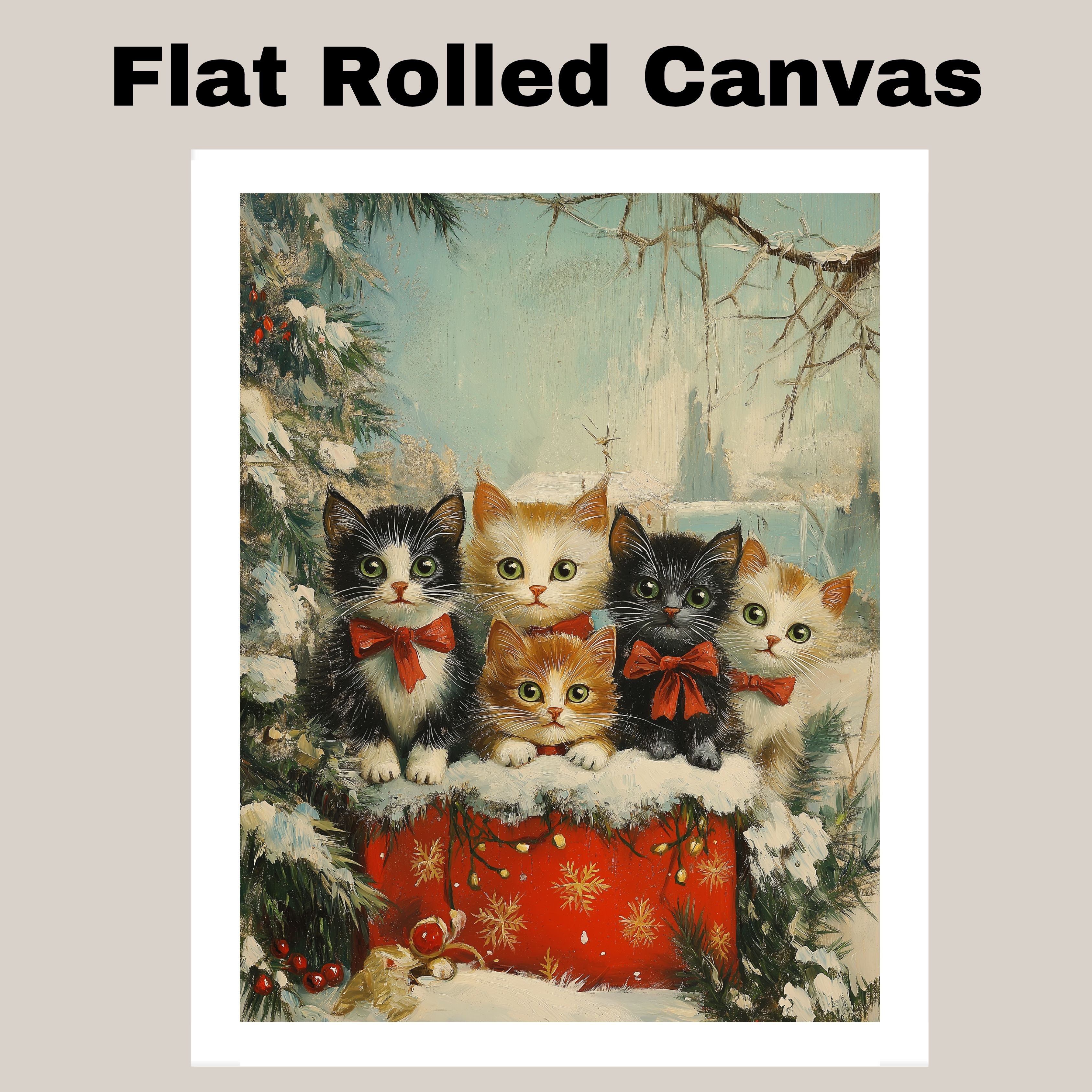 Christmas Cats Holiday Cat Wall Art Decor Flat Rolled, Framed or Wrapped Canvas