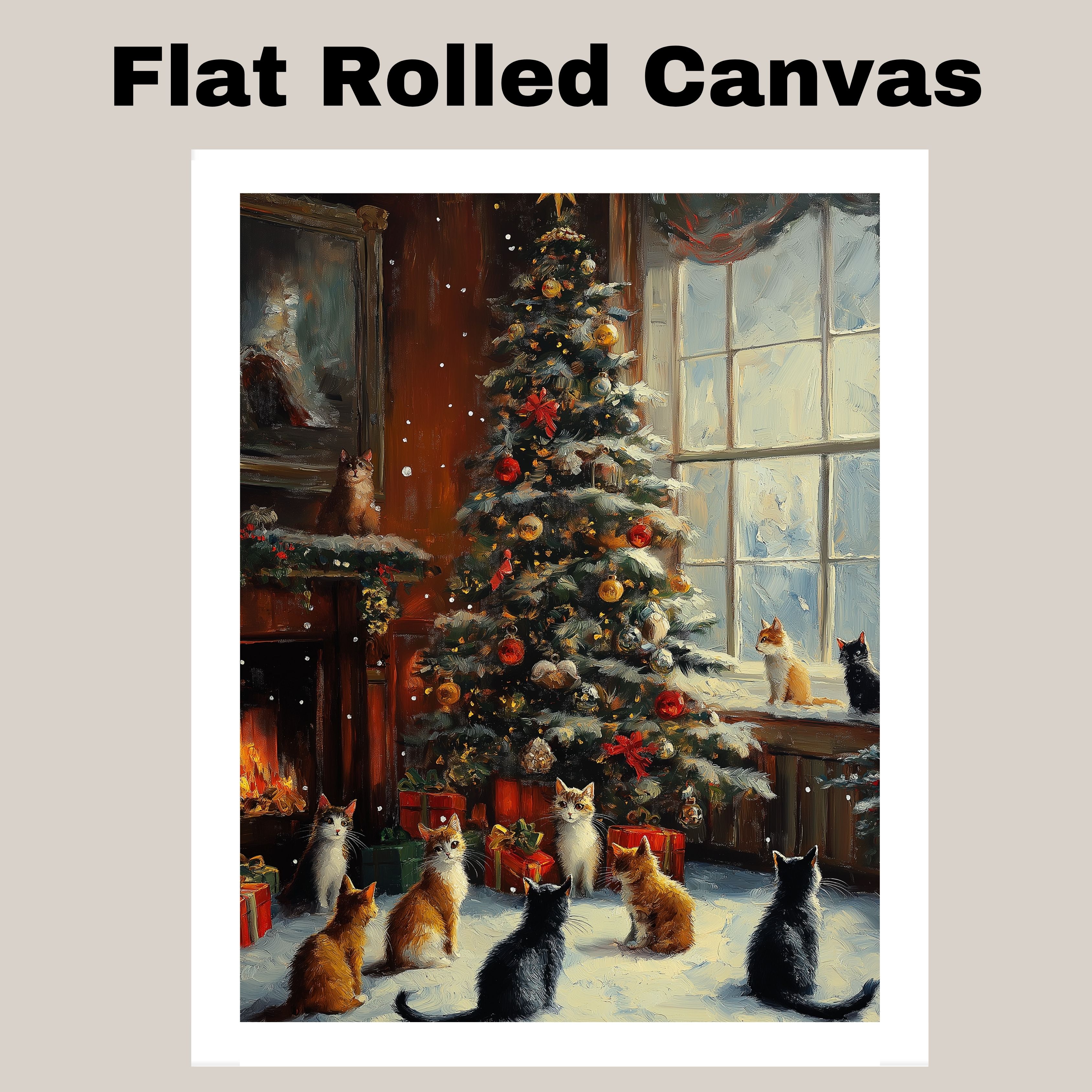 Christmas Cats Cozy Fireplace Holiday Art Flat Rolled, Framed or Wrapped Canvas