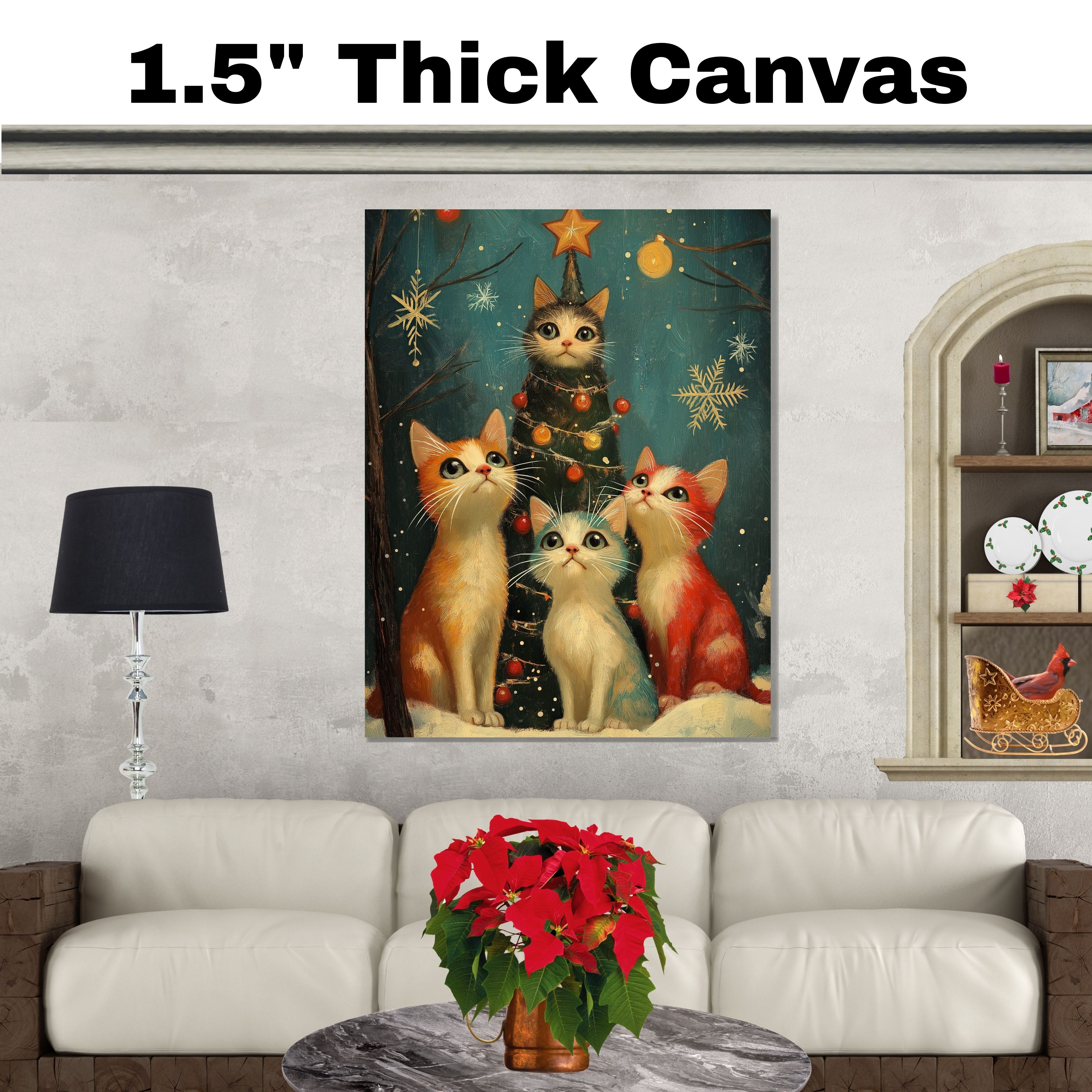 Christmas Cats Festive Around Snowy Tree Flat Rolled, Framed or Wrapped Canvas - Picture 19 of 19